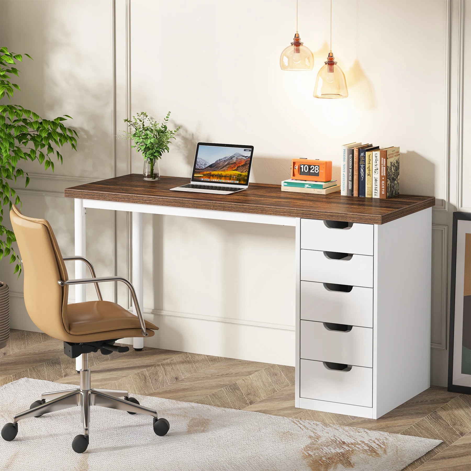 Tribesigns Computer Desk with 5 Drawers, 47 inches Rustic Brown Home Office Desk with Storage, Modern Simple Laptop Desk Study W