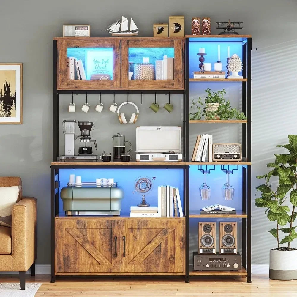 45.3″ Farmhouse Baker’s Rack – Coffee Bar Cabinet with Power Outlet & LED Light