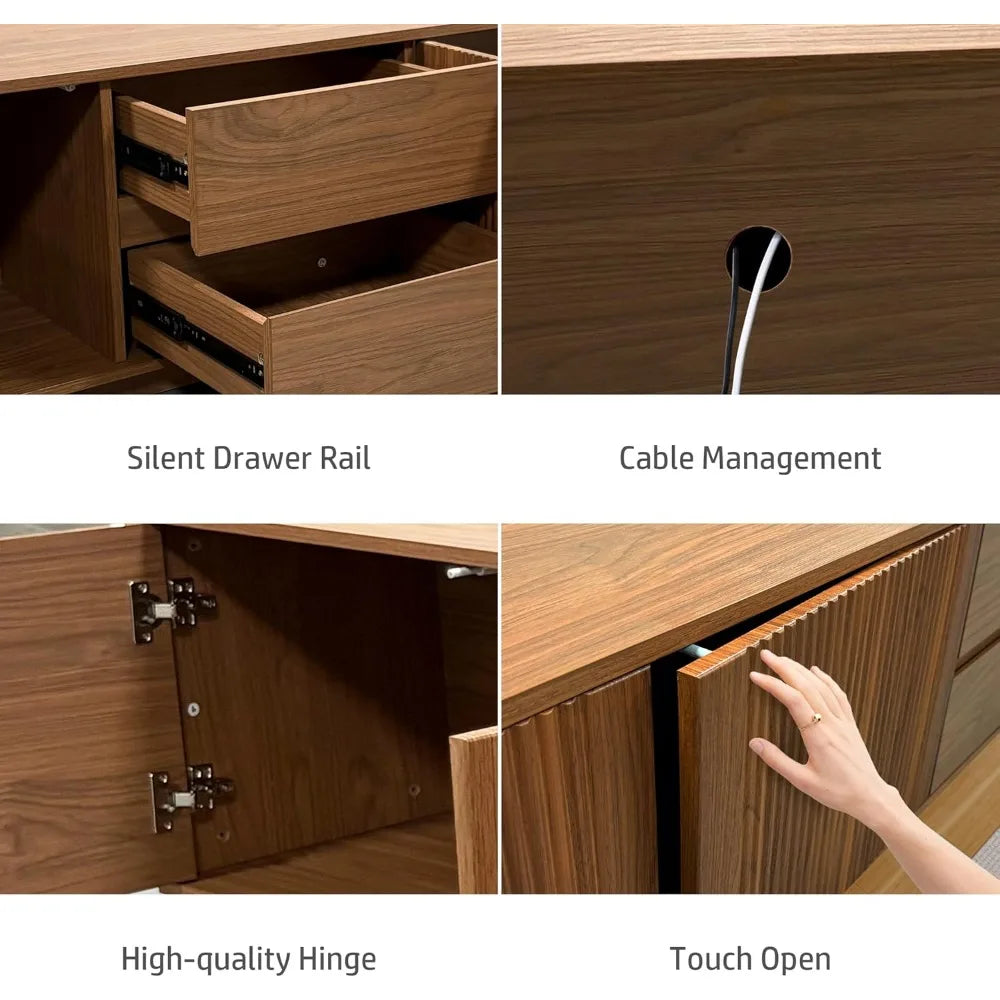 Mid-Century Modern TV Stand, 79" Fluted Door Entertainment Center with Storage, Brown Wood TV Console, Farmhouse Media Console