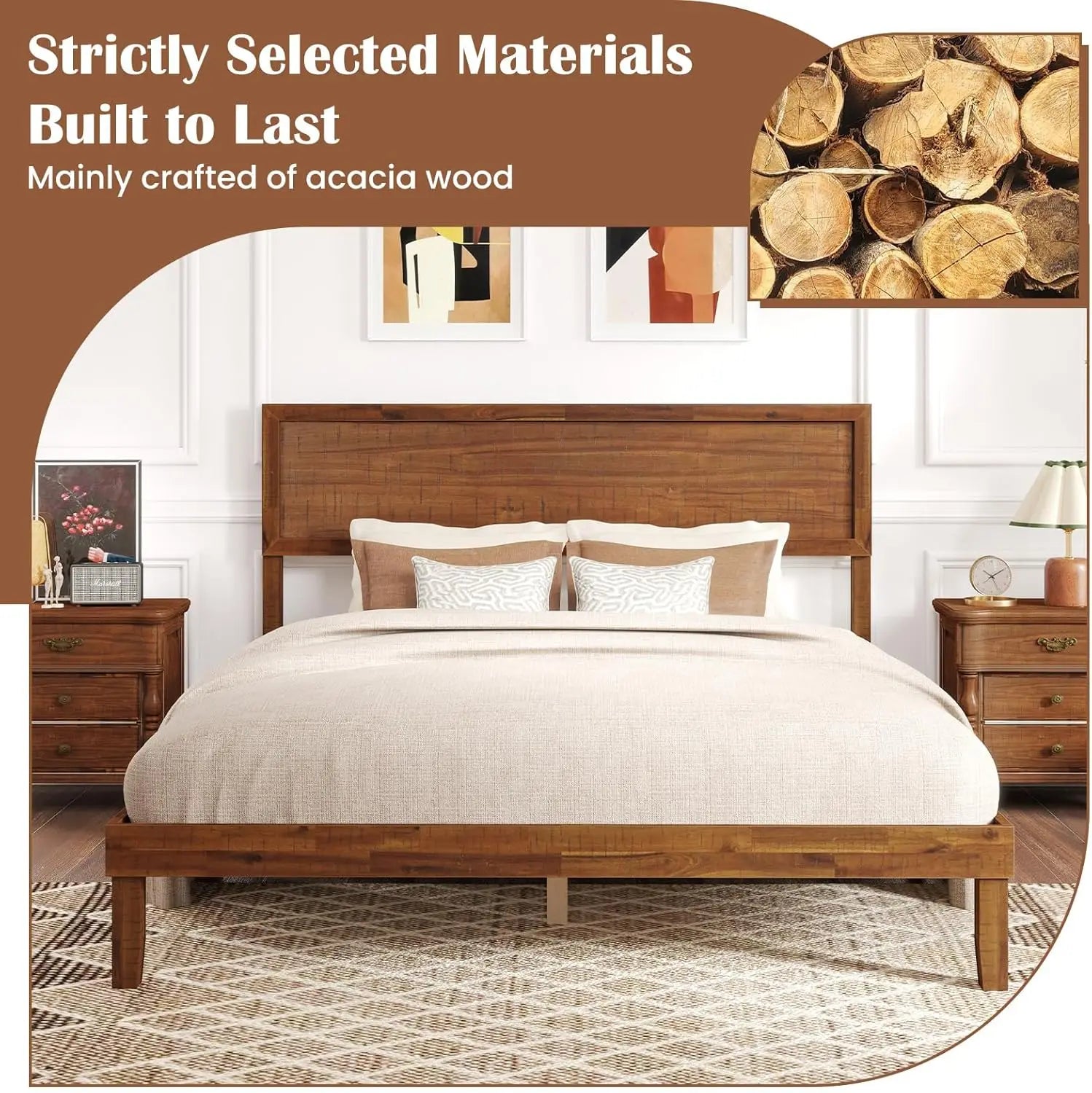 Wood Queen Size Platform Bed Frame – Mid-Century Modern with Headboard & Solid Wood Legs