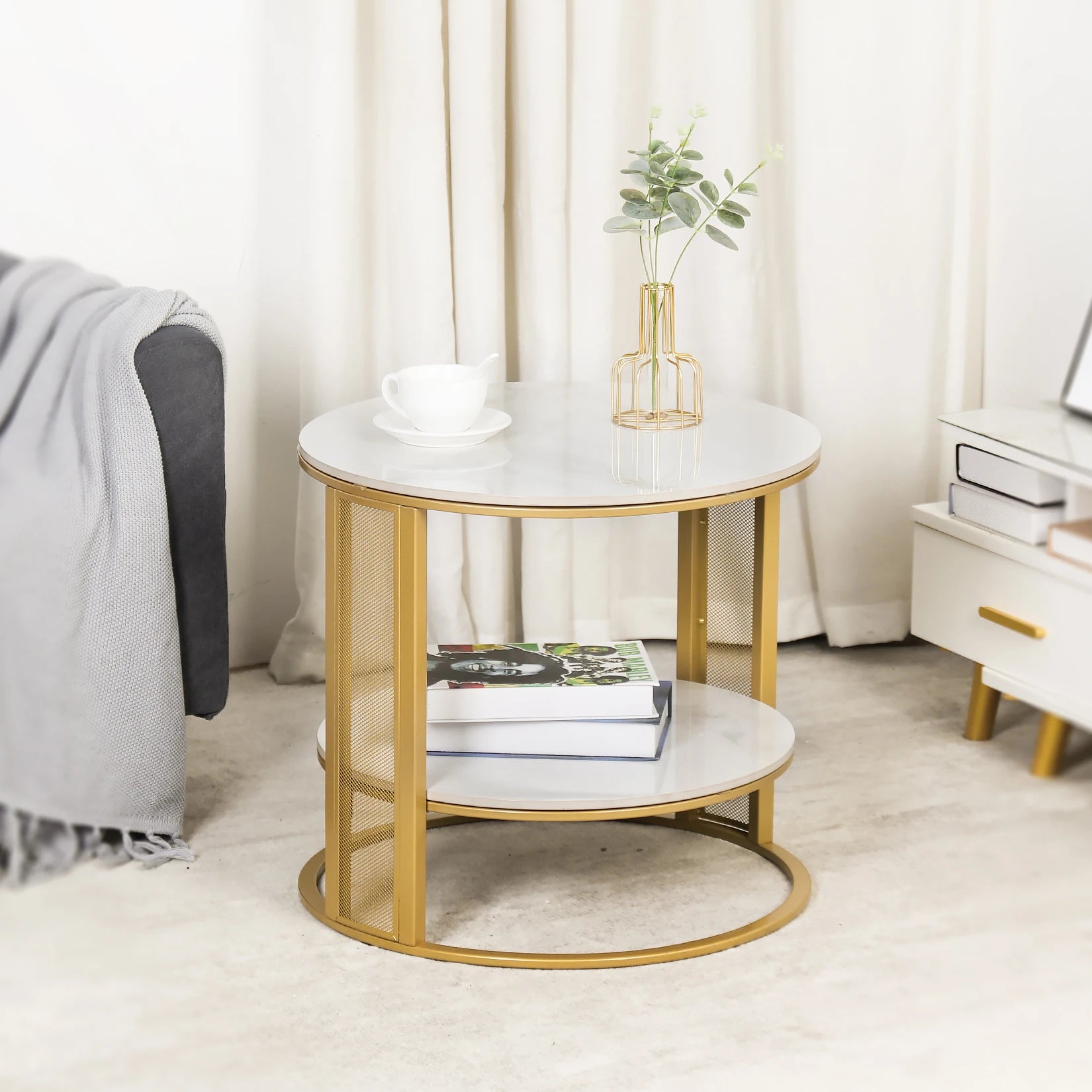 2 Tier Marble Effect Coffee Table Large Sofa Side End Table Golden Metal Frame