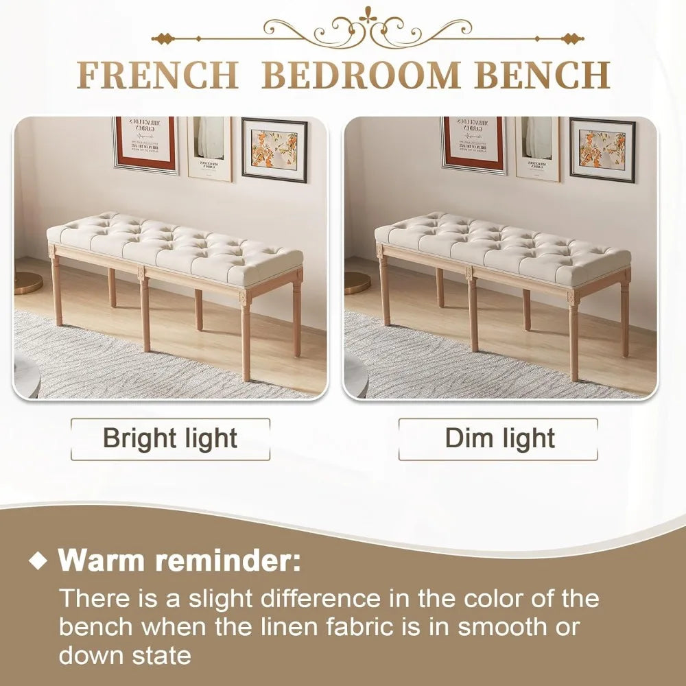 Vintage French Tufted Upholstered Bench – 47″ Linen Cushion