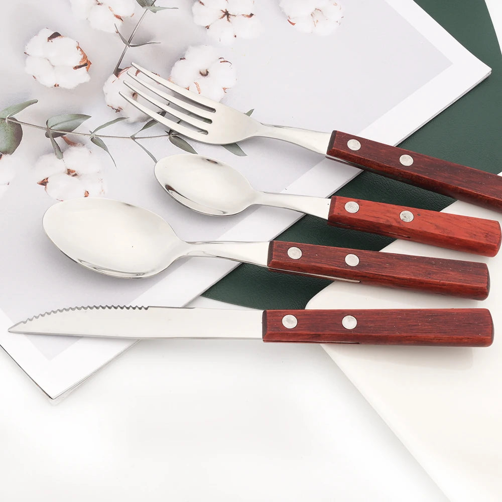 6/24Pcs 304 Stainless Stee Cutlery Set Luxury Wooden Handle Dinnerware Flatware Set Kitchen Western Knife Spoon Fork Tableware