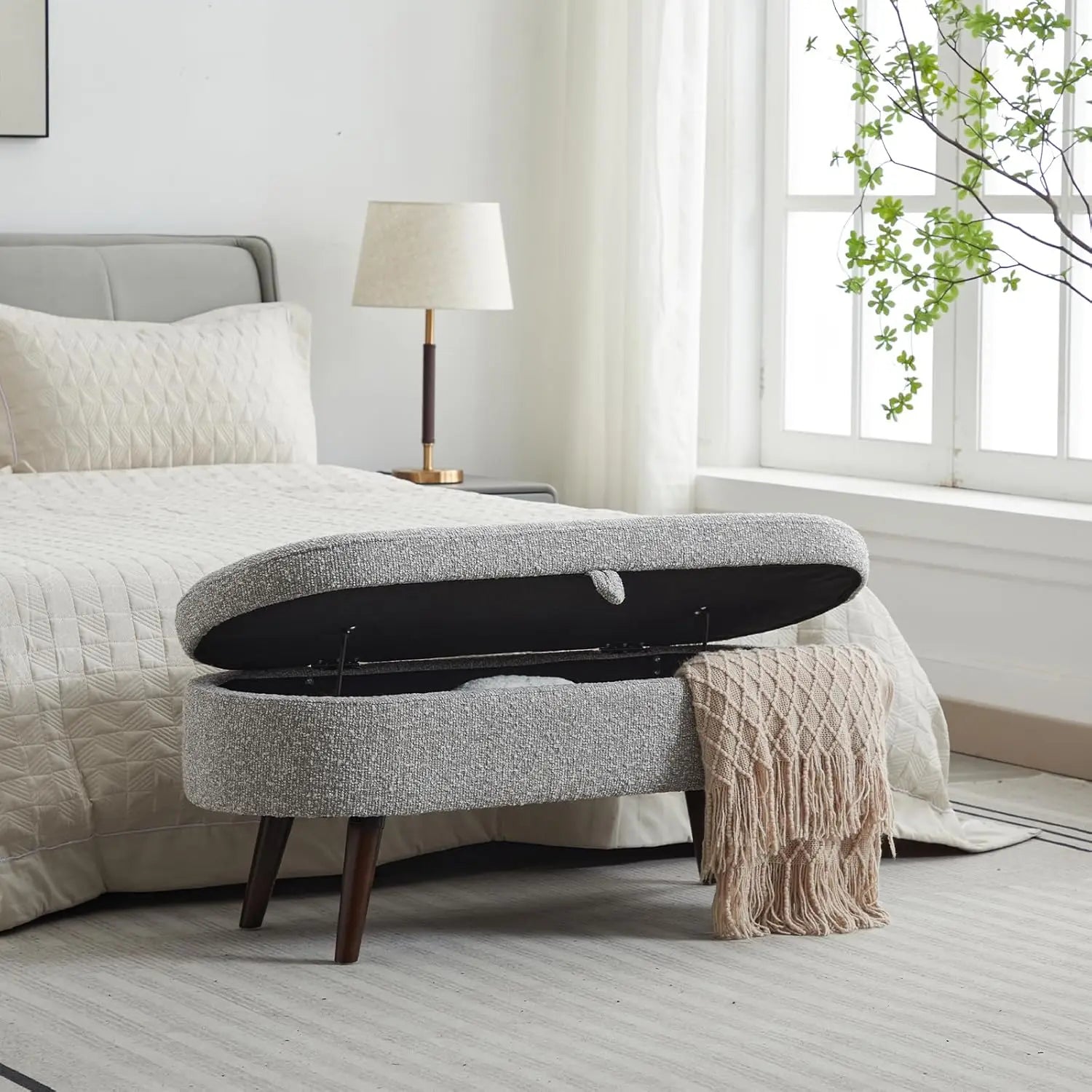 Bouclé Storage Ottoman Bench – 43.8″ Oval Flip-Top with Wood Legs