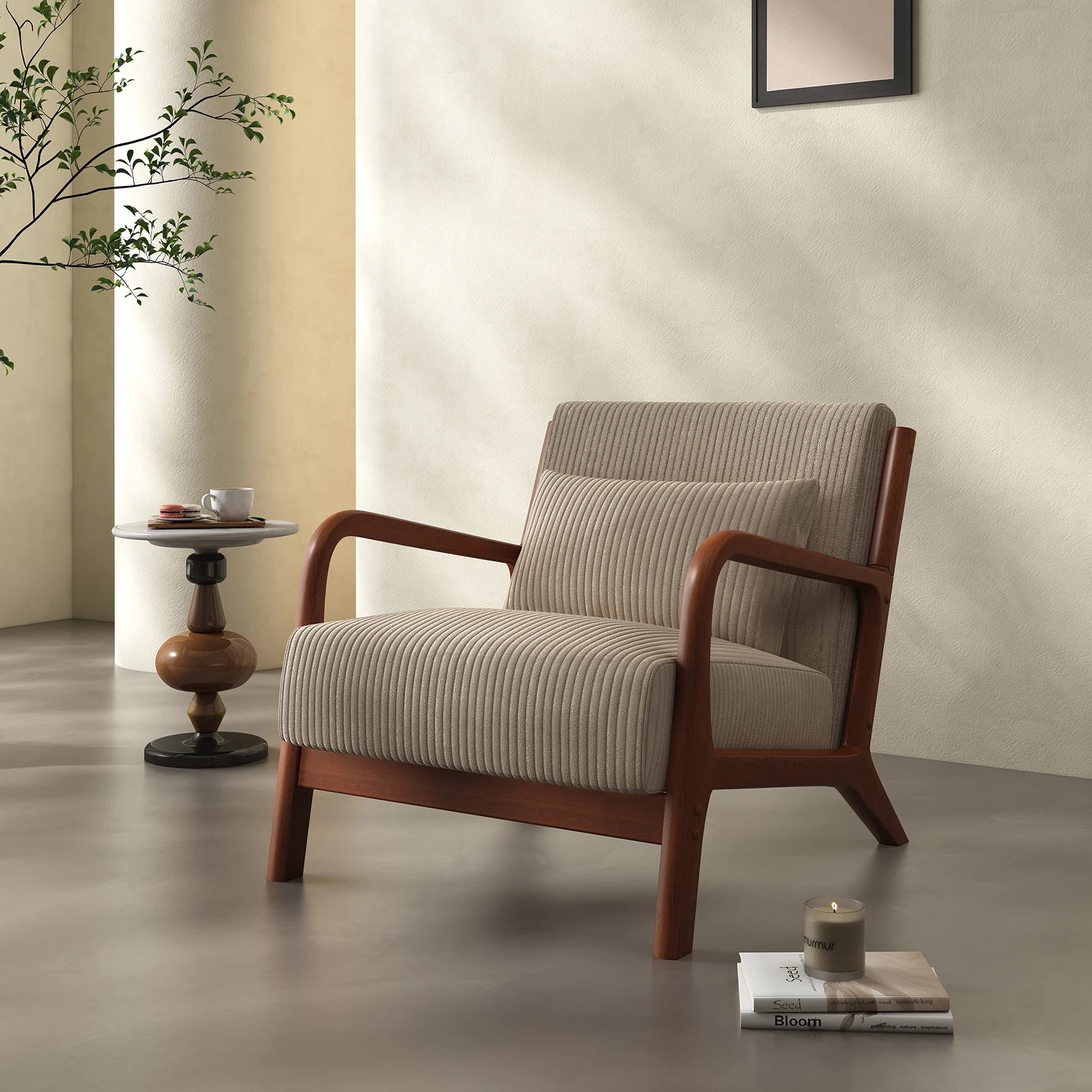 Mid-Century Modern Accent Chair – Fabric Reading Chair with Solid Wood Frame