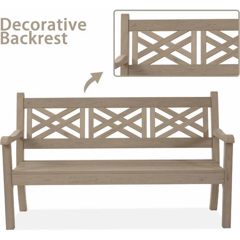 63''W All-Weather Poly Lumber Outdoor Bench – Teak Color, 3-Person Garden Bench with Decorative Backrest & Curved Armrests, Ant