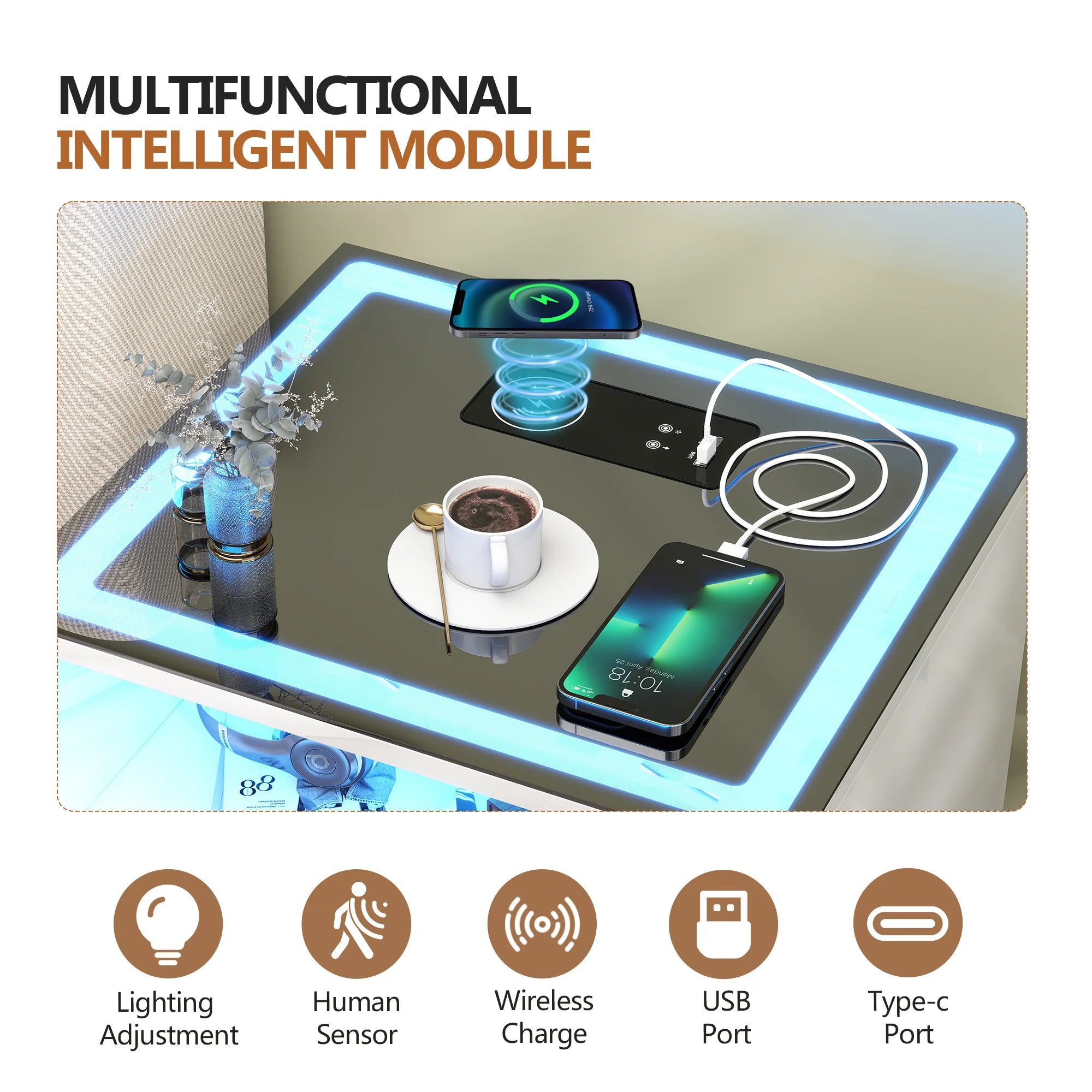 JDPAG LED Bedside Table with Charging Station, High Gloss Nightstand with 3 Drawers, 3 Color Dimmable Light Modern Smart Night