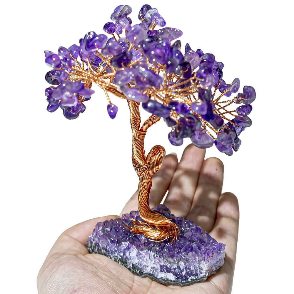 Amethyst Healing Crystals Tree Wrapped with Wire on Natural Crystal Gravel with Base Stone Decoration for Home Desk Living Room