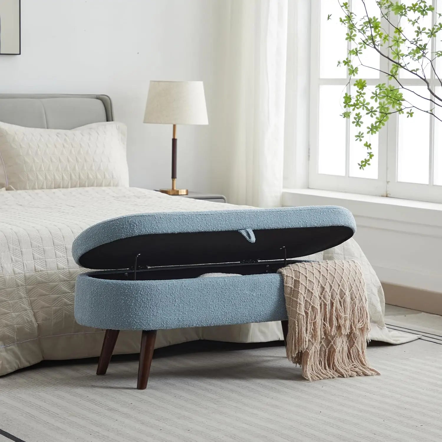 Bouclé Storage Ottoman Bench – 43.8″ Oval Flip-Top with Wood Legs
