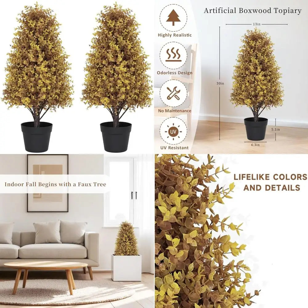 Artificial Outdoor Boxwood Plants Set of 2, UV-Resistant Fall Topiary Trees, Realistic Fake Bushes for Outdoor, Potted Faux Shru