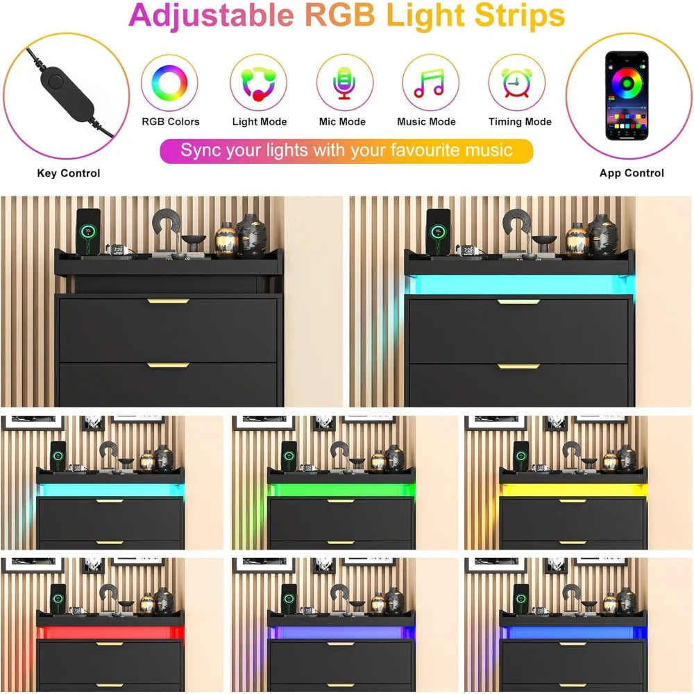 Dresser for Bedroom, Black Dresser with LED Lights, Wood 5 Drawer Chest with Power Outlet, Modern Chest of Drawers for Bedr