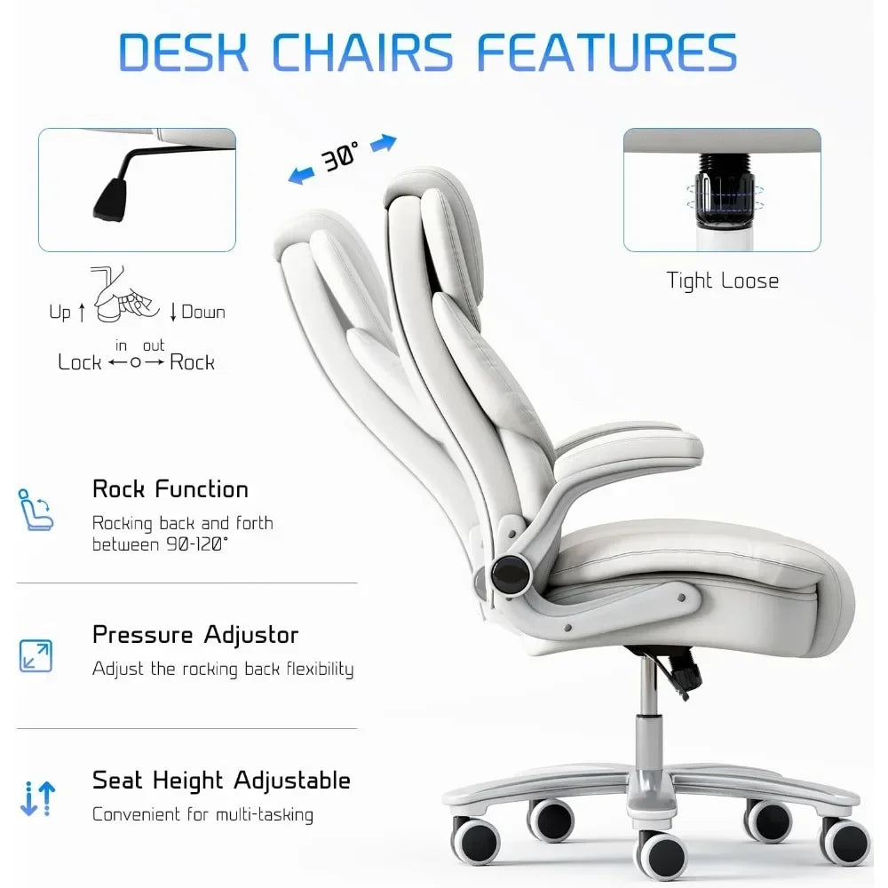 GYI Big and Tall Office Chair 400lb Wide Seat, Ergonomic High Back Leather Executive Desk Chair with Flip-up Arms, White