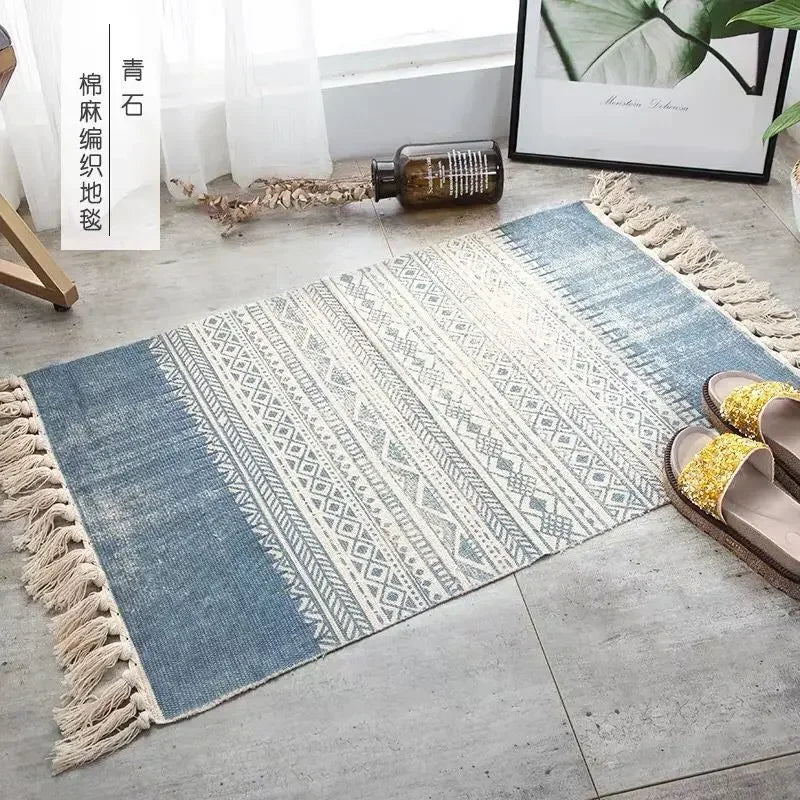 Nordic Cotton And Linen Knit Rug Ethnic Style Carpet Tassel Small Rug Bedroom Kitchen Rugs Mat Boho Washable Home Decoration