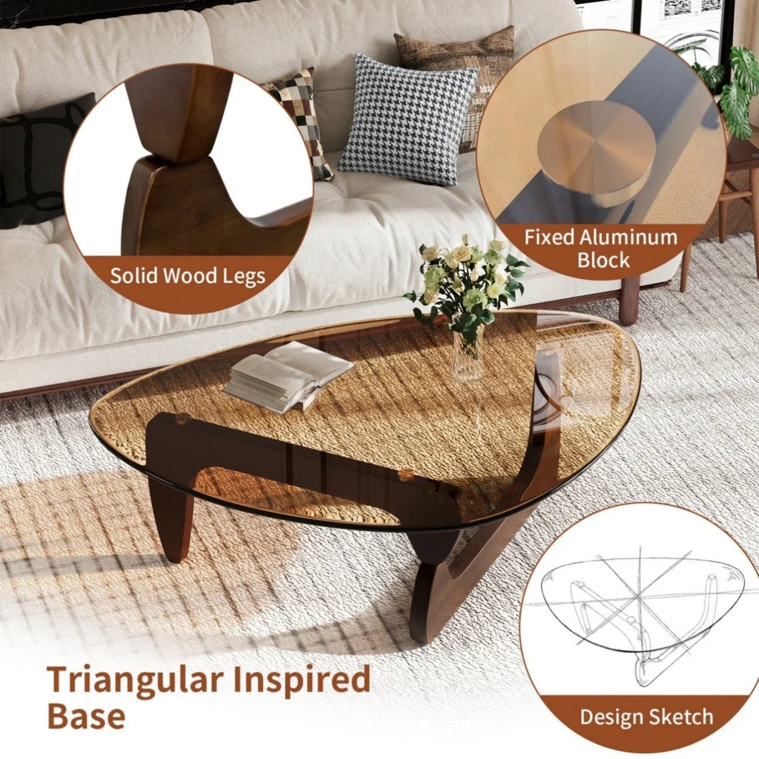 Modern Irregular Accent Coffee Table – Amber-Tinted Tempered Glass Center Table