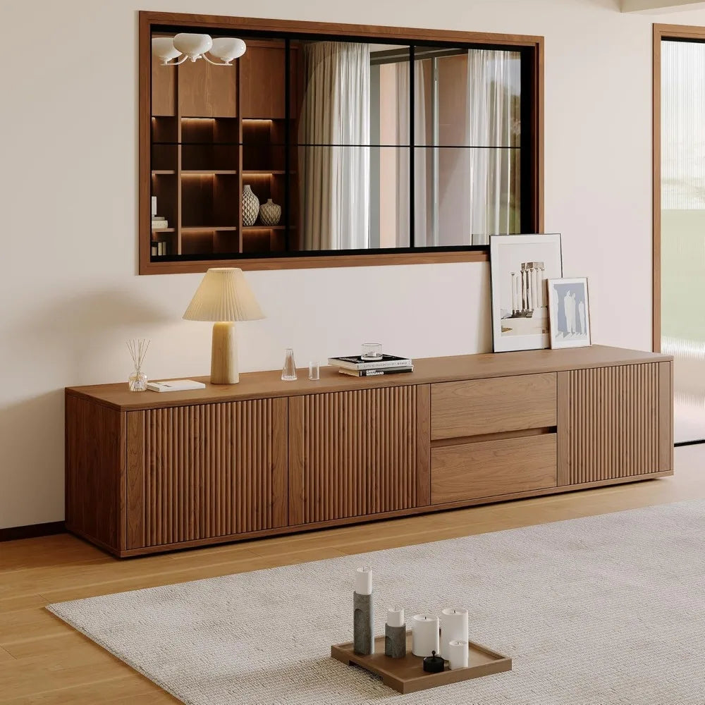 Mid-Century Modern TV Stand, 79" Fluted Door Entertainment Center with Storage, Brown Wood TV Console, Farmhouse Media Console