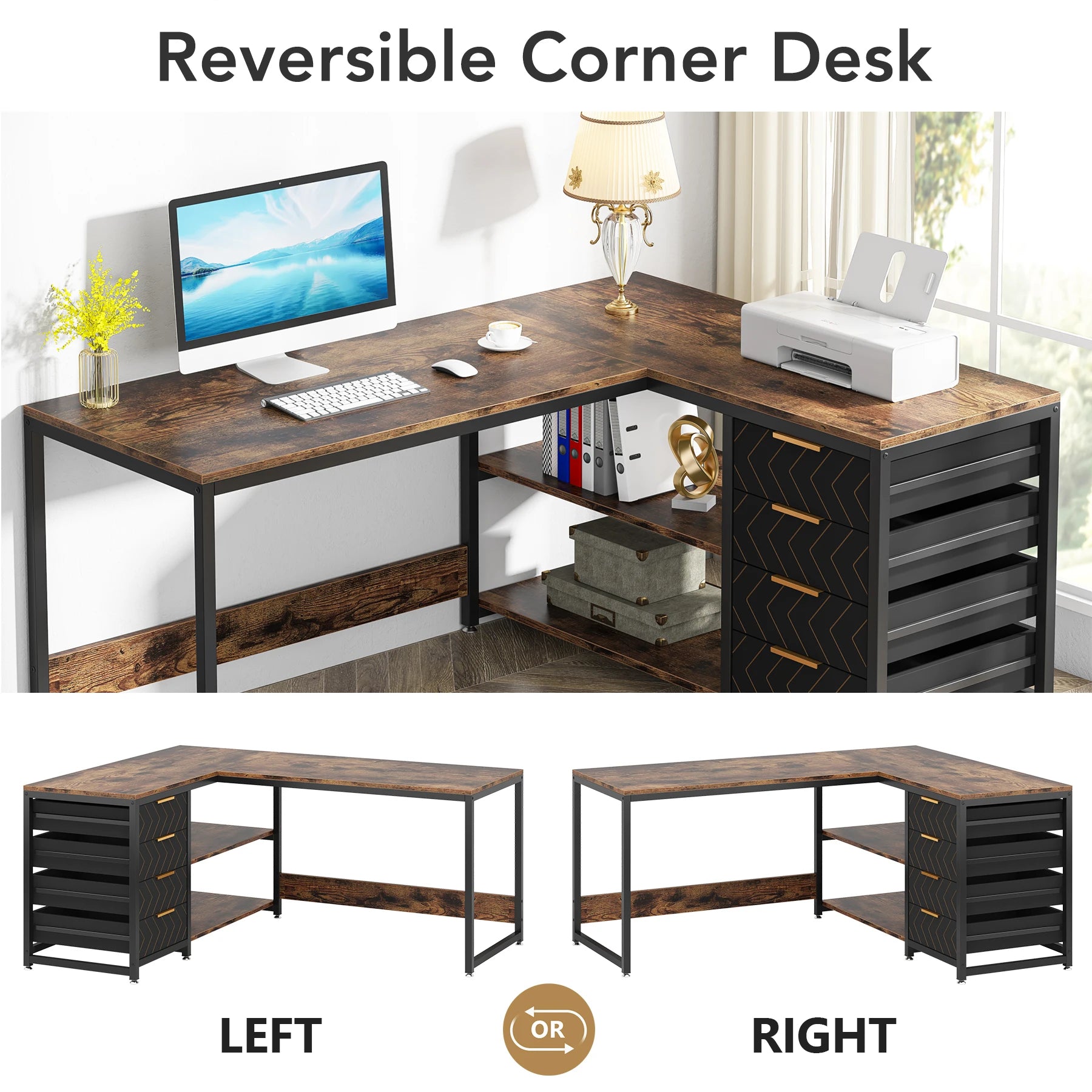 Tribesigns L Shaped Computer Desk with Storage Drawers, 59 inch Corner Desk with Shelves, Reversible L-Shaped Office Desk Study