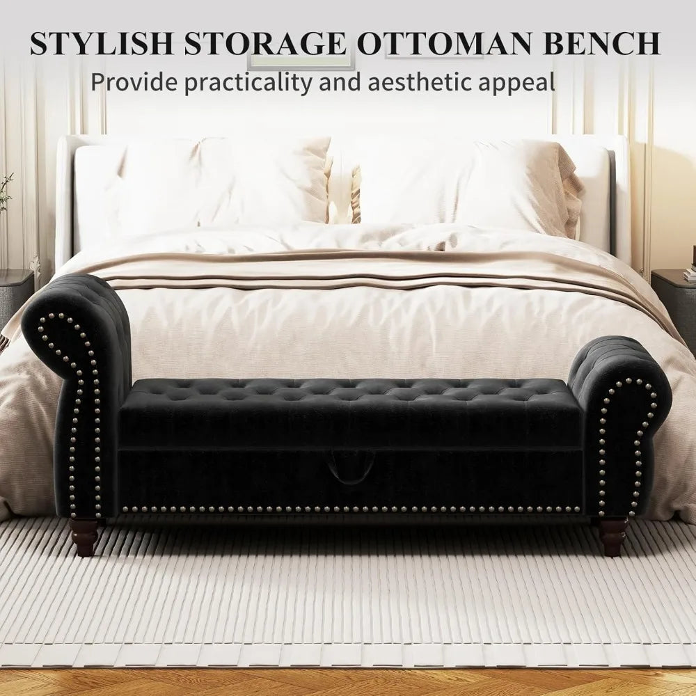 Mid-Century Velvet Storage Ottoman Bench – Black Tufted with Rolled Arms
