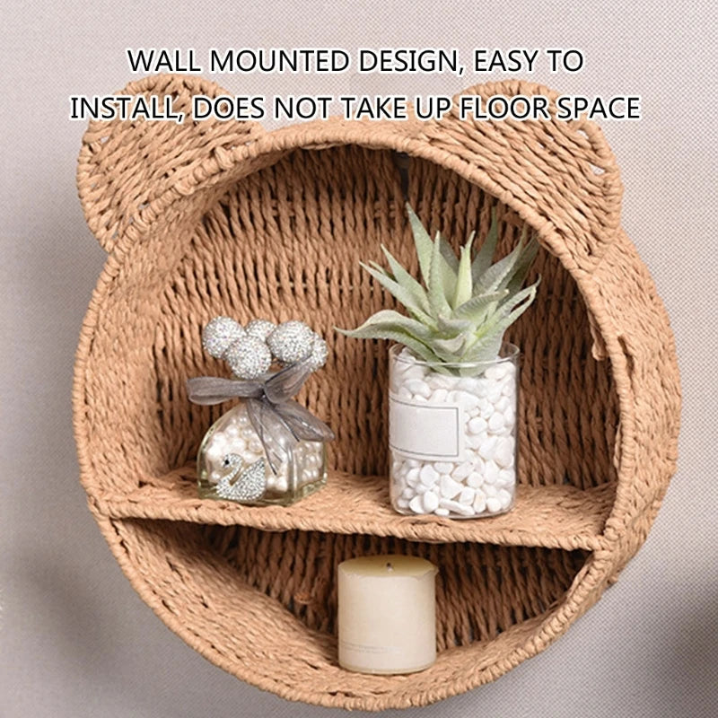 Bear Ear Wall Mounting Shelf Rattan Wall Shelves Small Plant Display Storage Rack Woven Hanging Storage Basket
