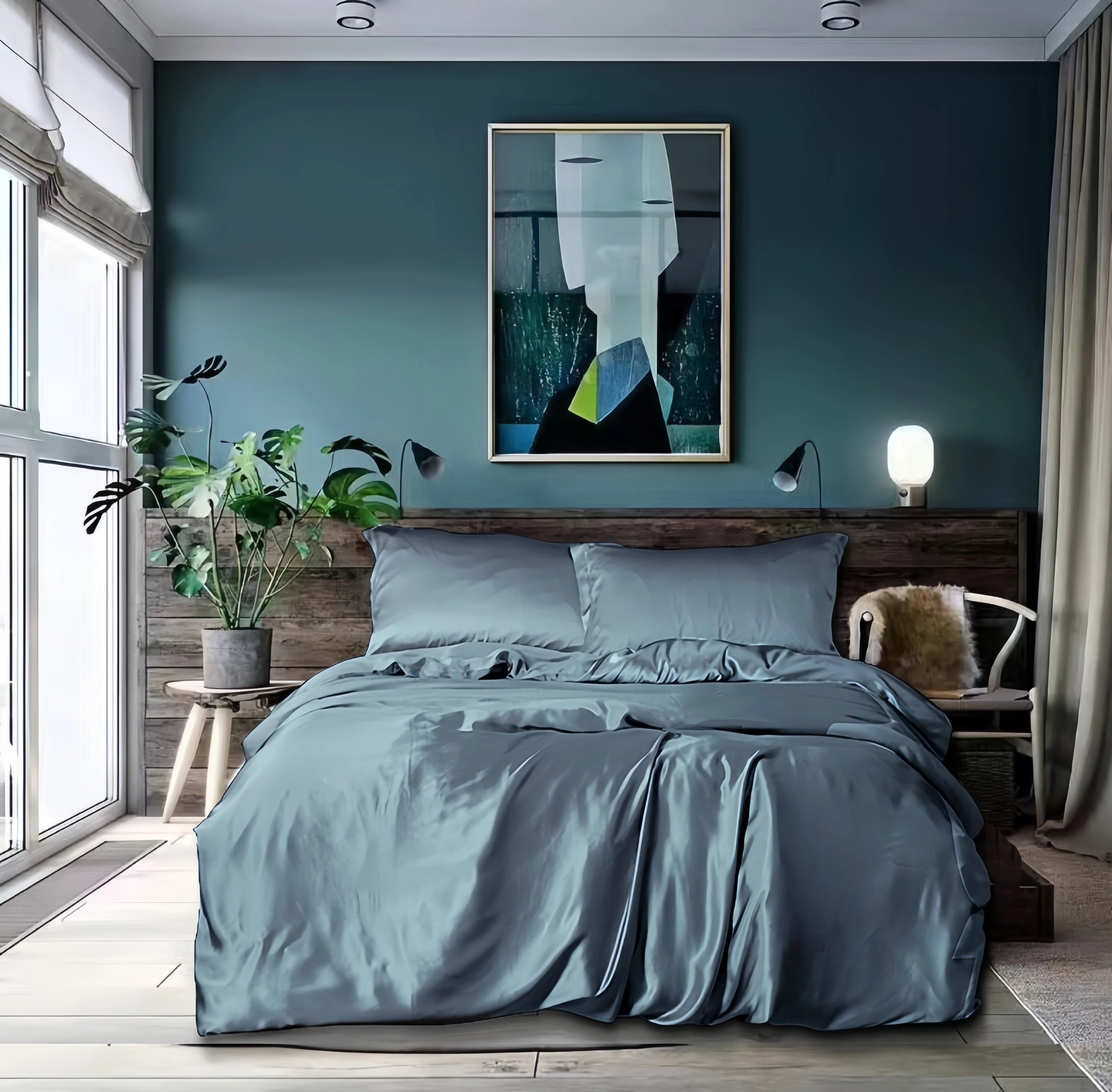 Bed Sheet Set,  22 Mm,  100% Mulberry Silk , Seamless,  Dark Blue  Silvery Colors, Fitted Sheet, Duvet Cover,All Size, Customize