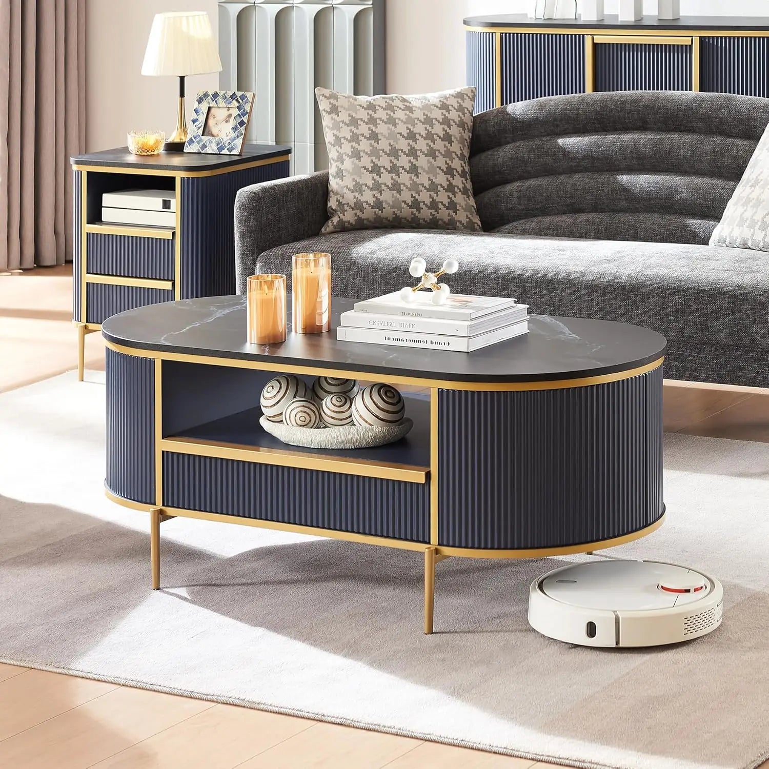 Modern Fluted Oval Coffee Table – 48” Faux Marble Top with Drawer & Gold Accents (Navy Blue)