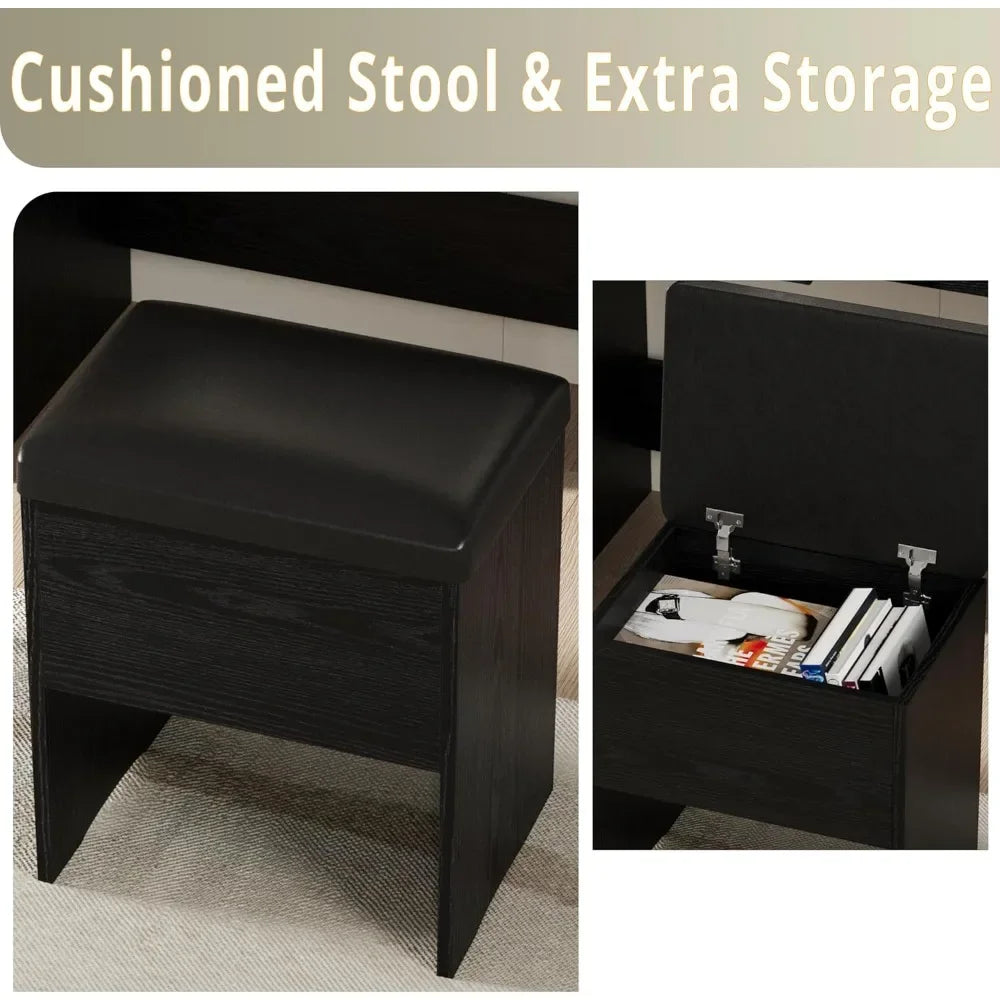 Vanity Desk Set with LED Lighted Mirror & Power Outlet, Makeup Vanity Table with 4 Drawers,Storage Bench,for Bedroom, Bathroom