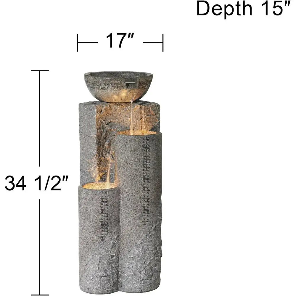 Large Zen Outdoor Floor Fountain, 34.5 High, Modern Tiered Waterfall with LED Light for Garden, Patio, and Backyard