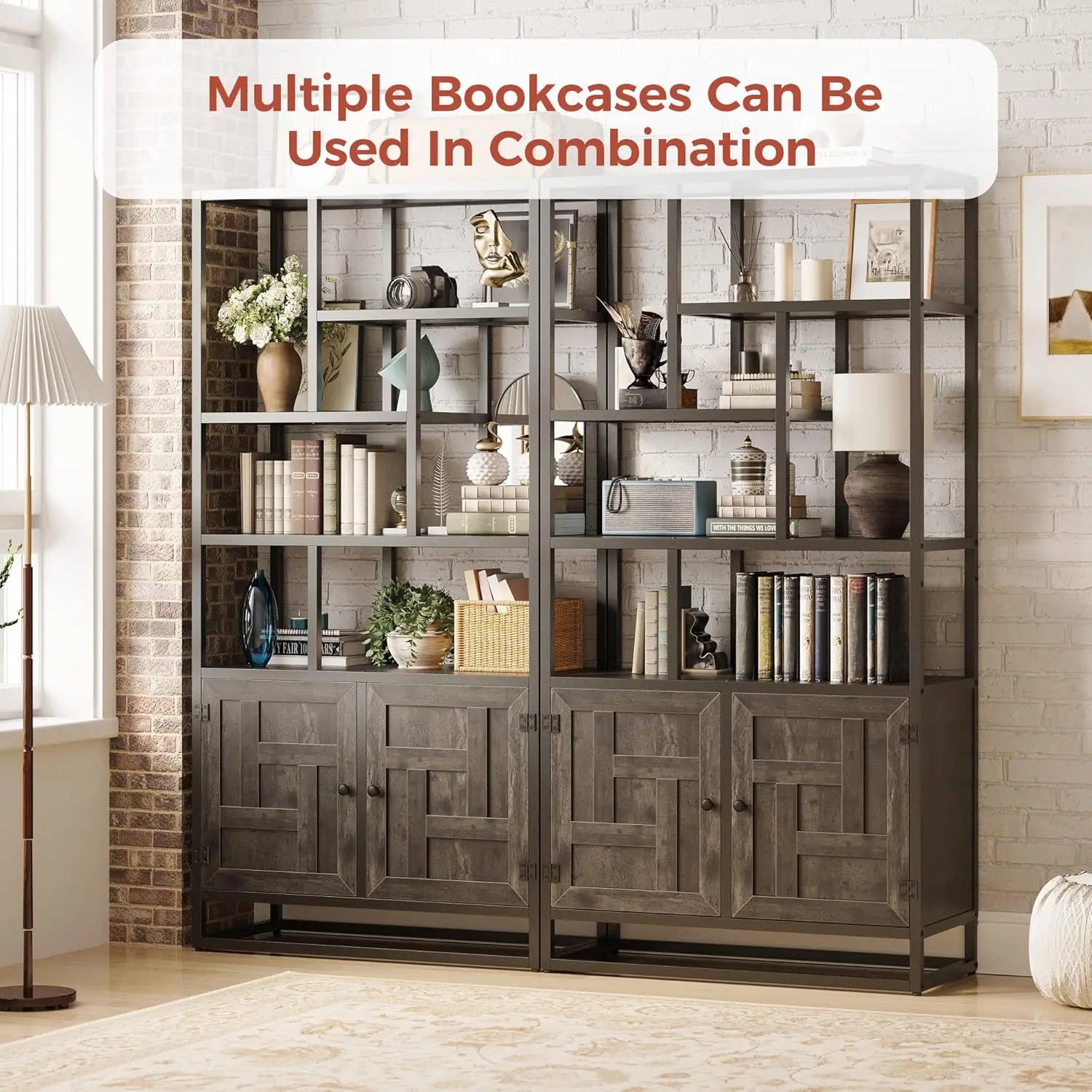 6-Tier Geometric Bookshelf with Doors – 35.4″ Wide Storage Bookcase