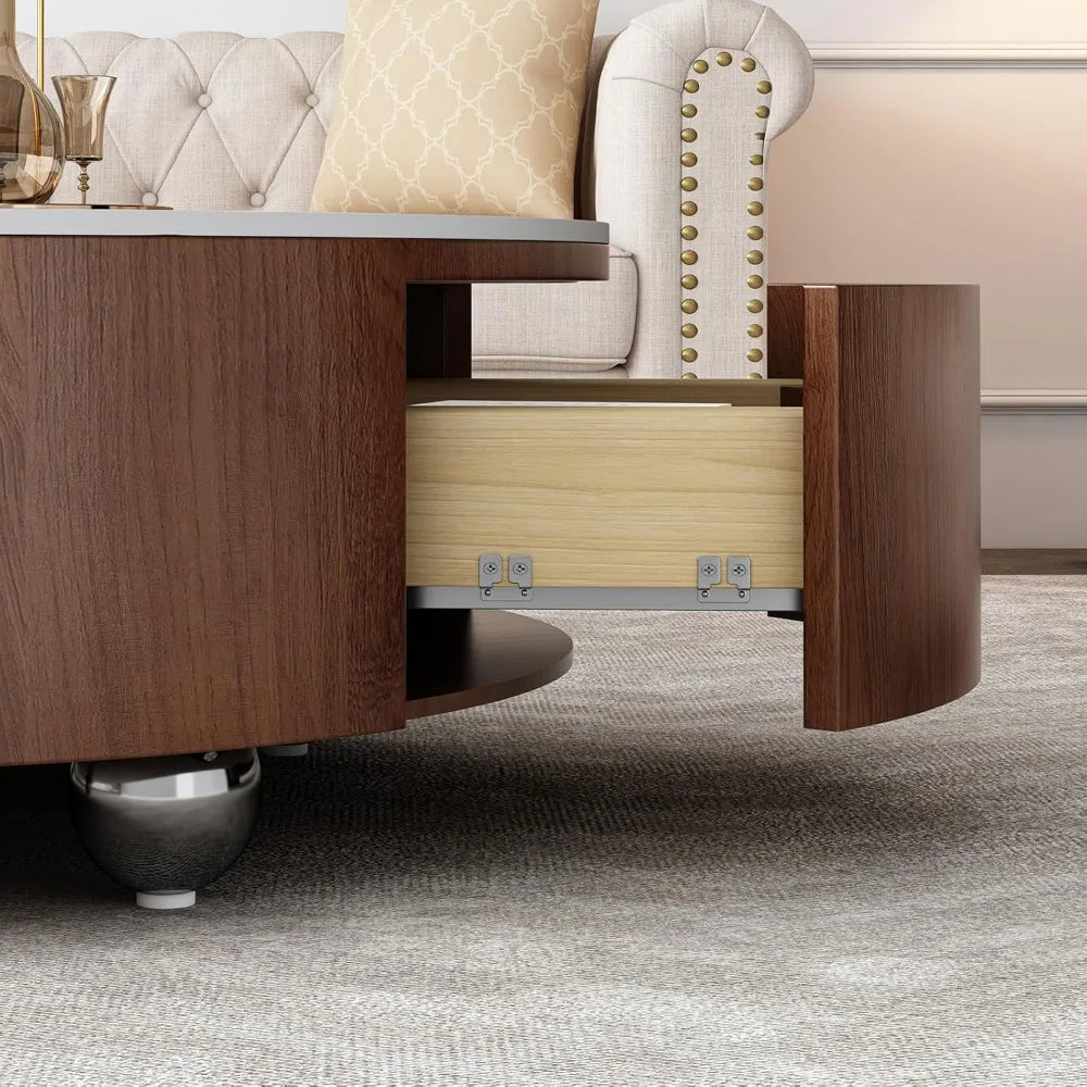 35.4” Mid-Century Modern Round Coffee Table – Marble Top with Drawers, Solid Walnut Wood