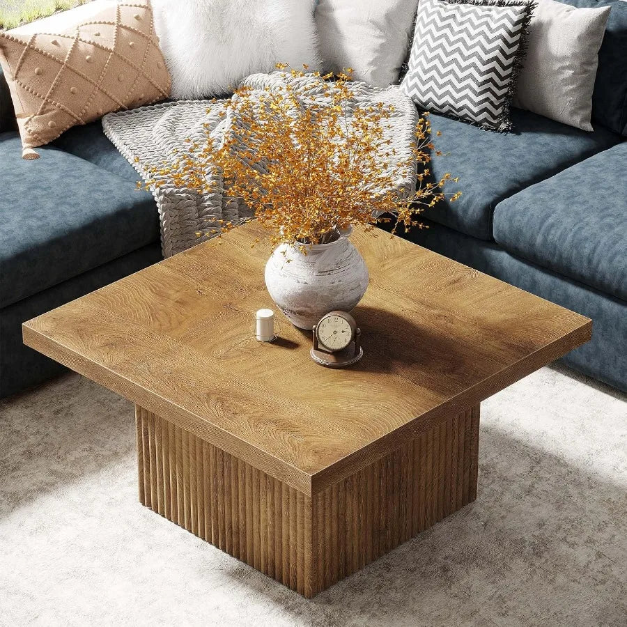 31.5-Inch Fluted Square Coffee Table – Mid-Century Modern Center Table for Living Room & Cocktail Use