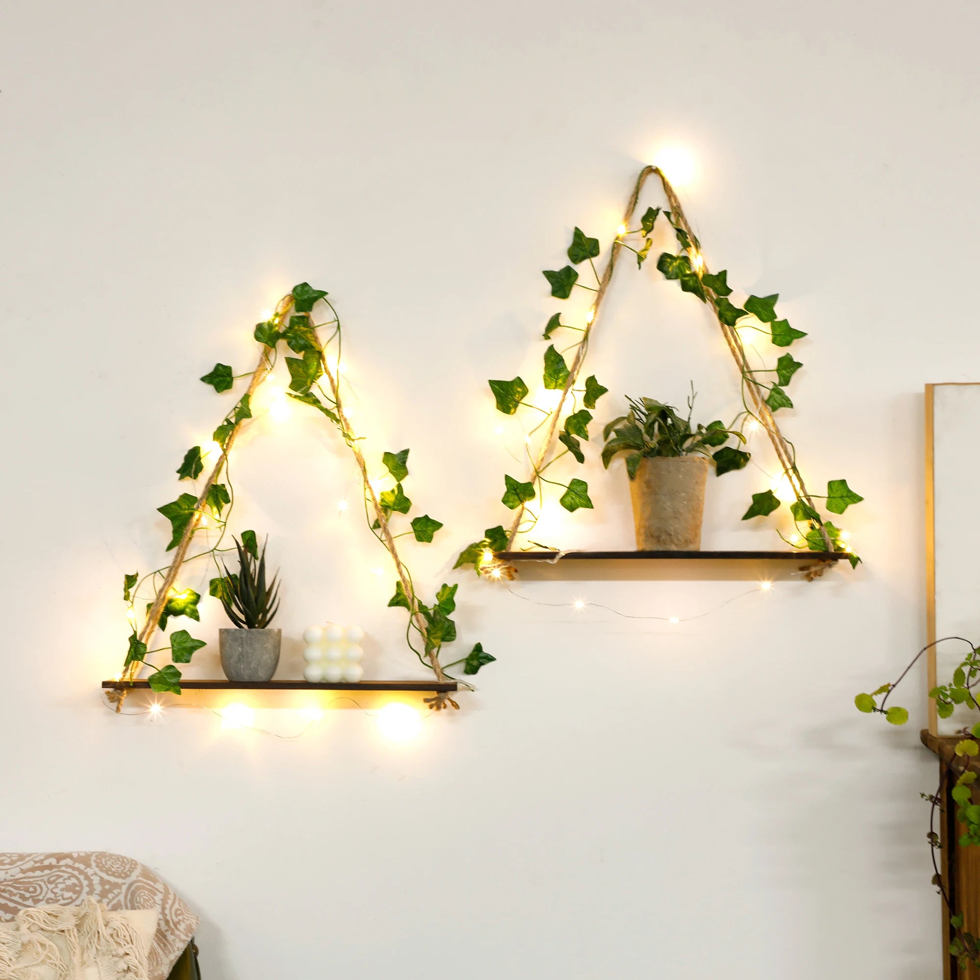 Floating Wall Shelf with Artificial Ivy LED Strip – Boho Style