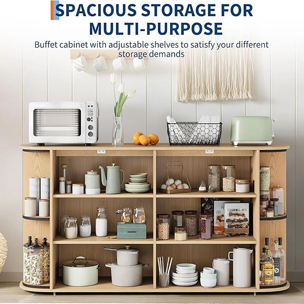 63" Sideboard Buffet Cabinet with Storage, Modern Fluted Accent Credenza with Adjustable Shelves, Wood Coffee Bar with Curved