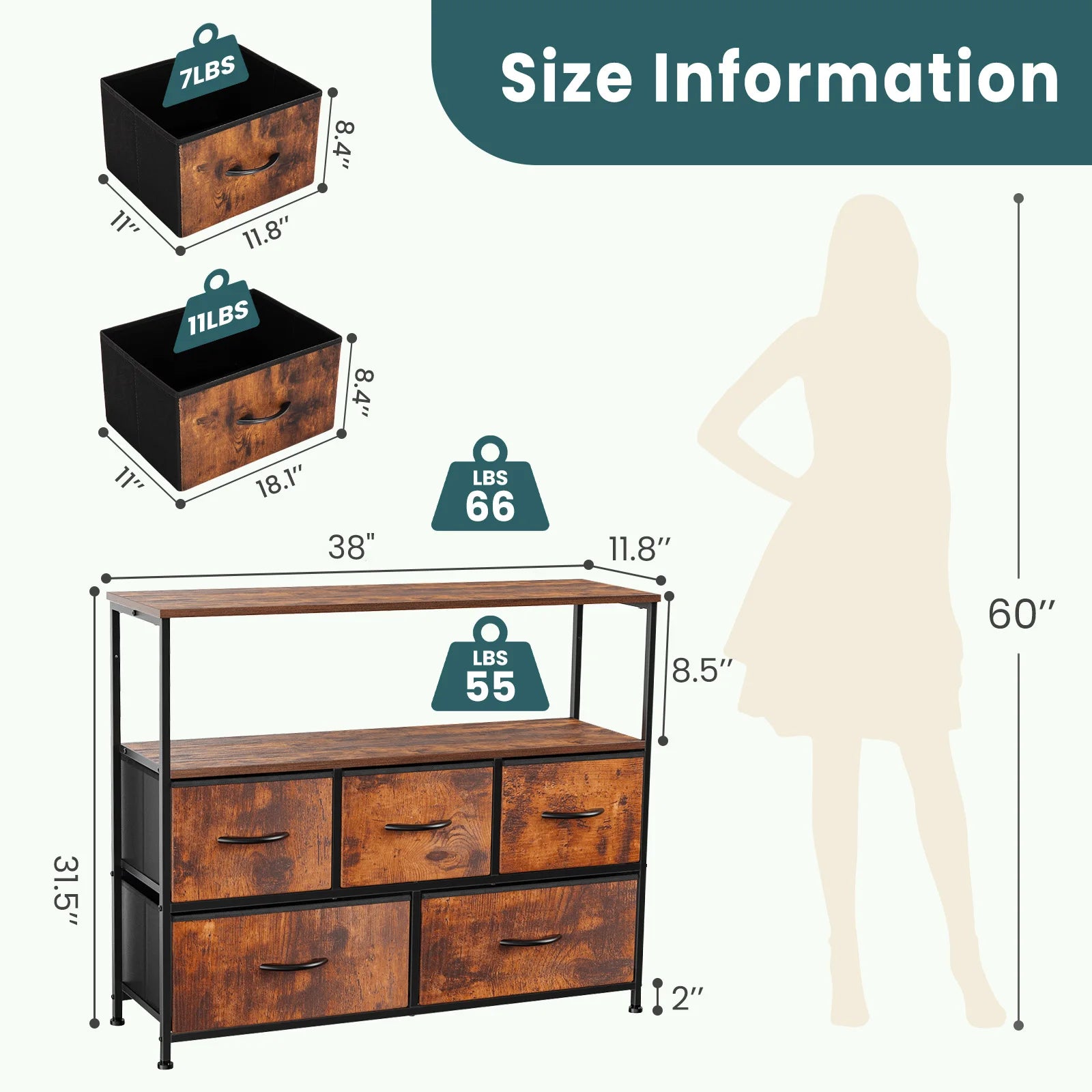 JHK TV Stand Dresser For Bedroom With 5 Fabric Drawers Storage Closet Chest Clothes Storage Display Cabinet Furniture