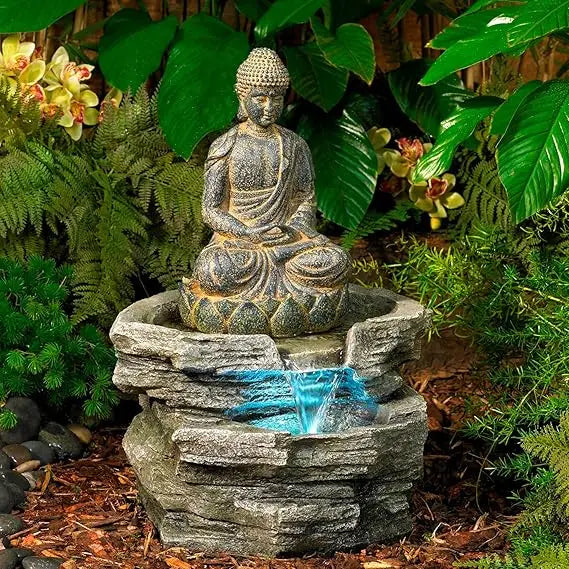 Large 21-Inch Zen Asian Style Indoor Outdoor Buddha Statue with Faux Stone Floor Fountain, LED Lighted Waterfall Feature
