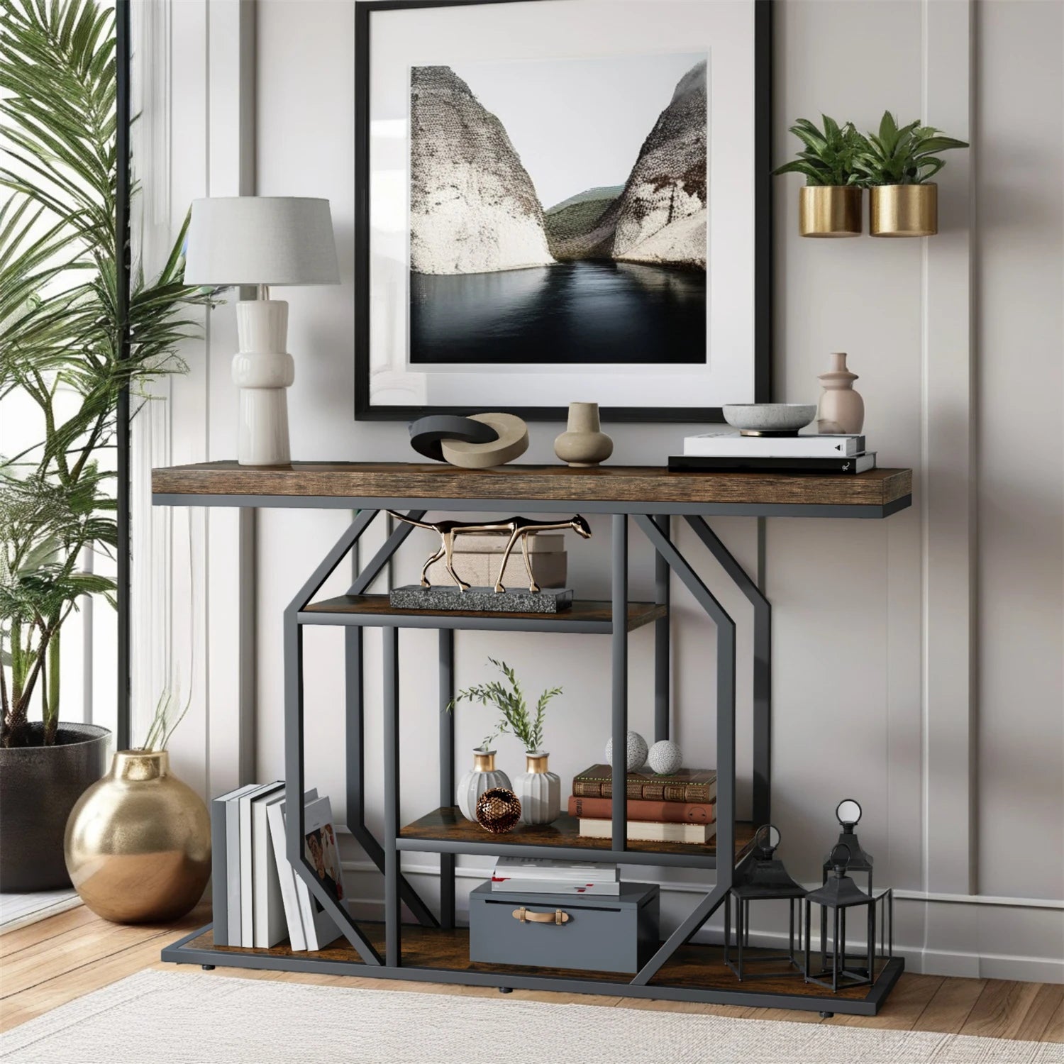 120cm Long Sofa Console Table for Entryway Living Room Sofa Storage Table with 4-tier Shelves Metal Frame