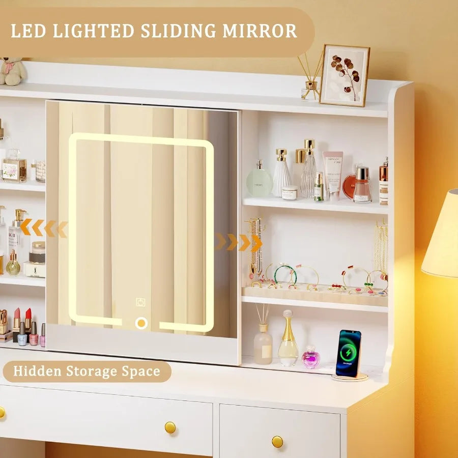 White Vanity Desk with LED Lights and Sliding Mirror for Bedroom 5 Drawers 2 Cabinets 6 Shelves Power Outlet Modern Makeup Desk