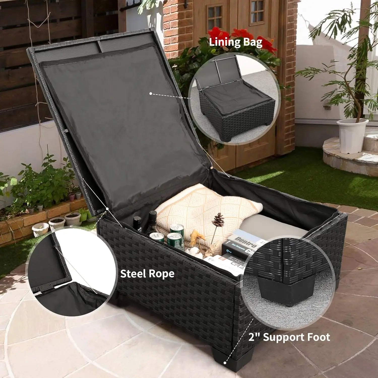 3 Pieces Patio Furniture Set Outdoor Sectional Wicker Patio Furniture Patio Couch with Ottoman and Outdoor Storage Table