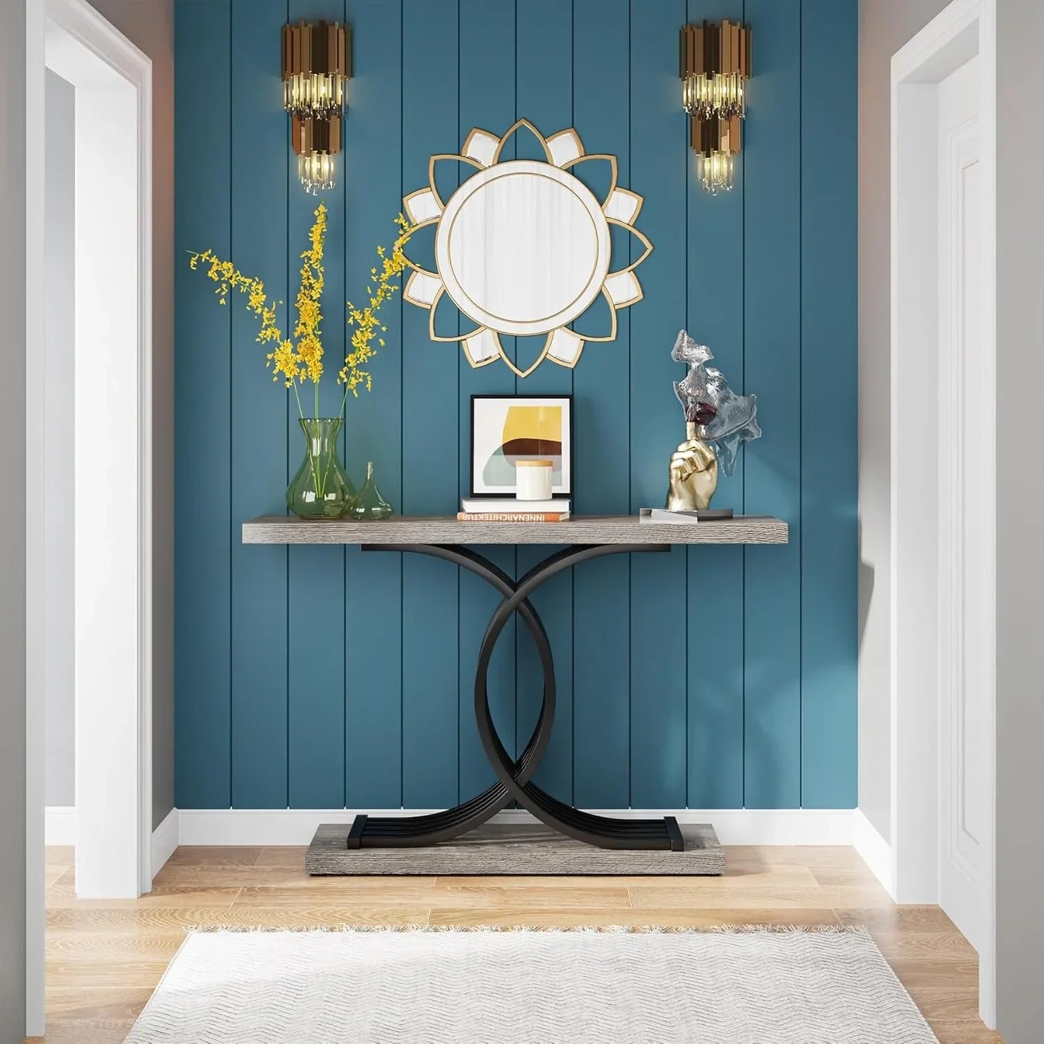 Industrial Entryway Table, 39-Inch Console Table Accent Table with Geometric Metal Legs, Narrow Wood Sofa Table for Entrance