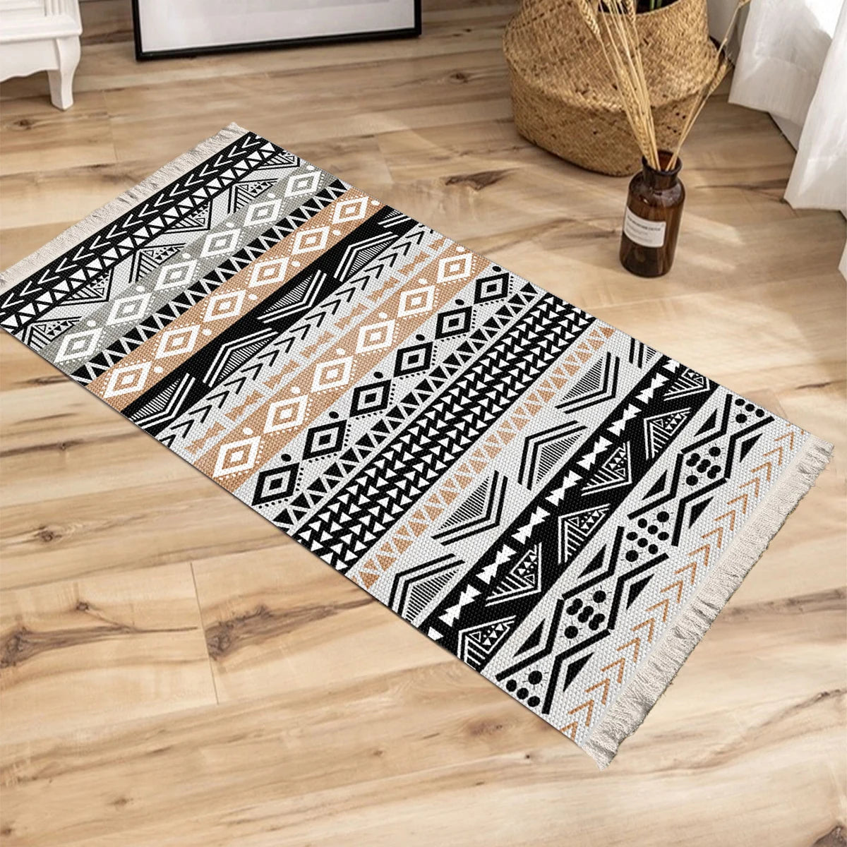Woven Carpet Floor Mat – Black & Yellow Exotic Print with Tassels