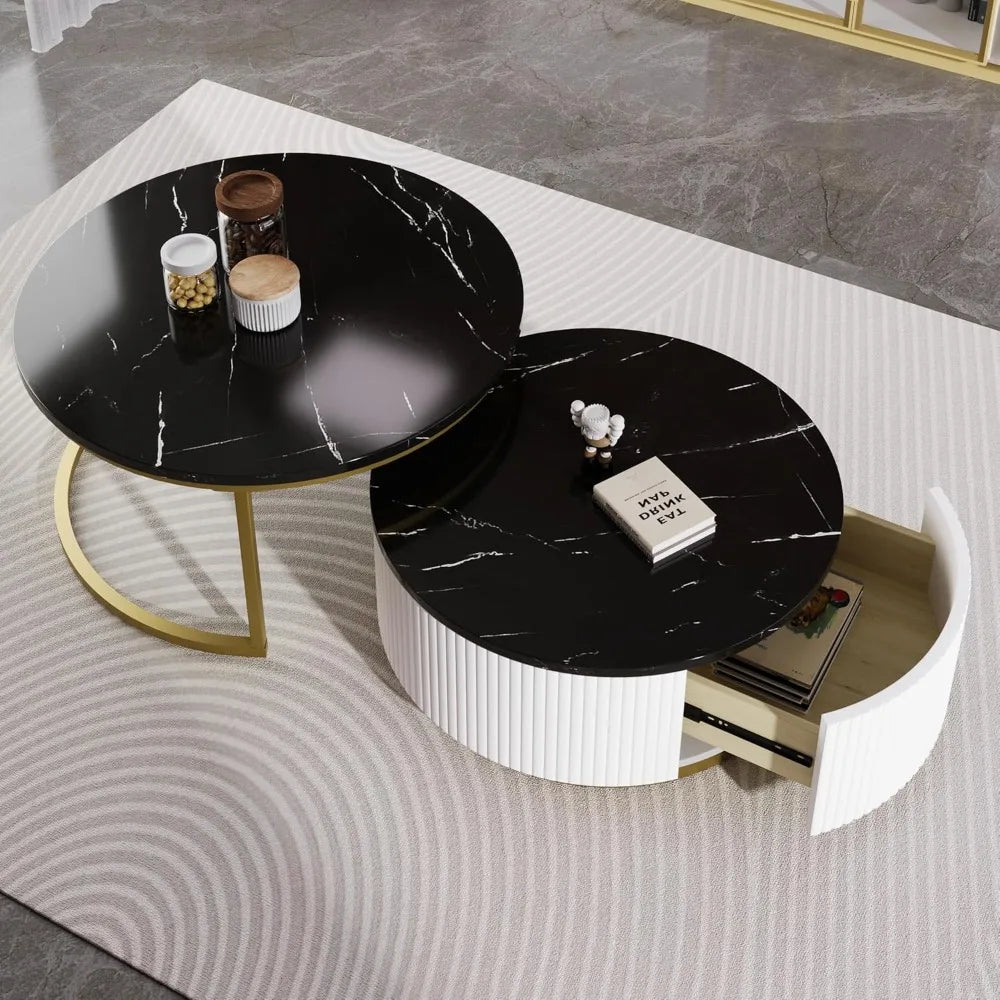 27.6” Black & Gold Nesting Coffee Table Set of 2 – Modern Round Tables with Storage Drawer
