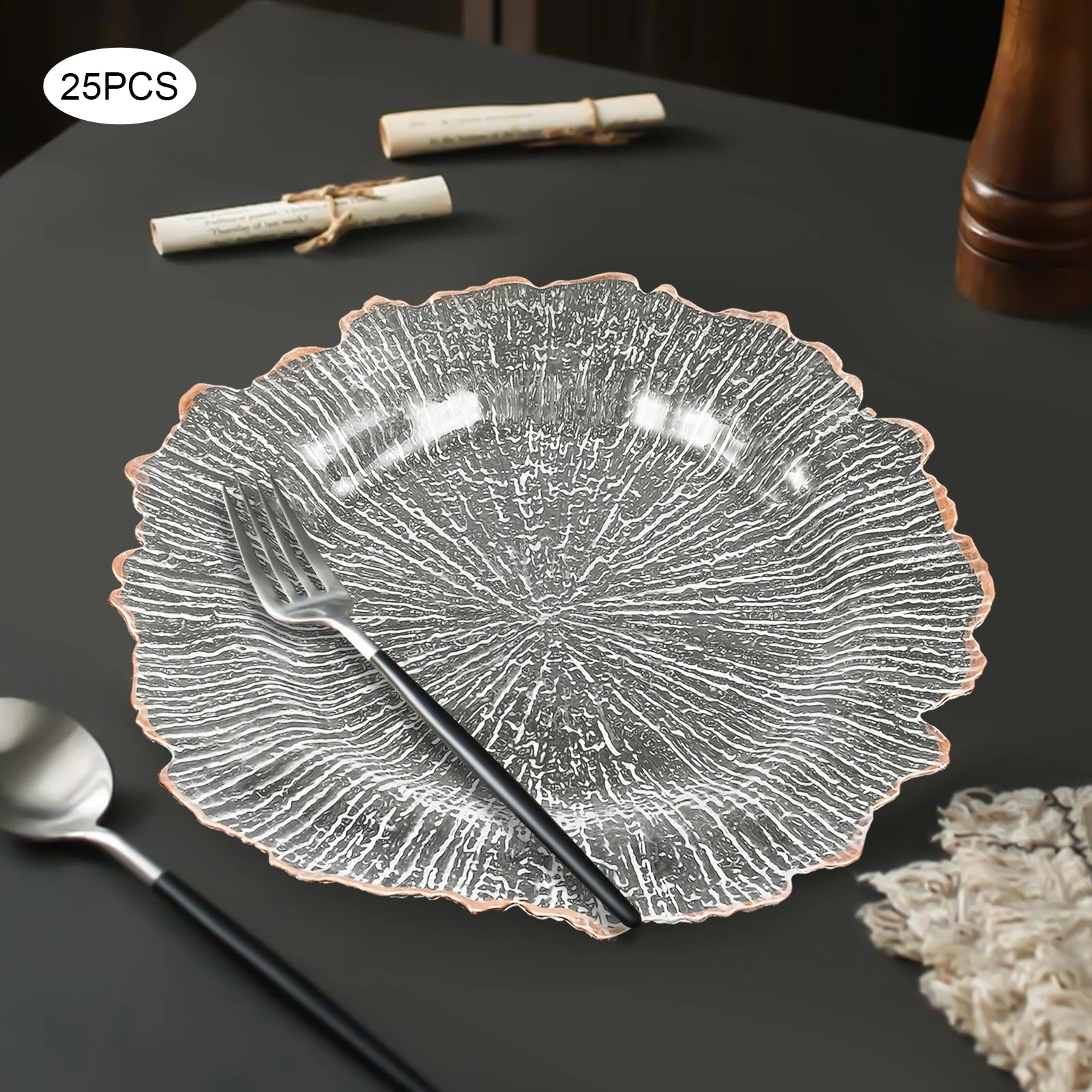 25PCS Rose Gold Charger Plates – Clear 32cm Decorative Table Chargers