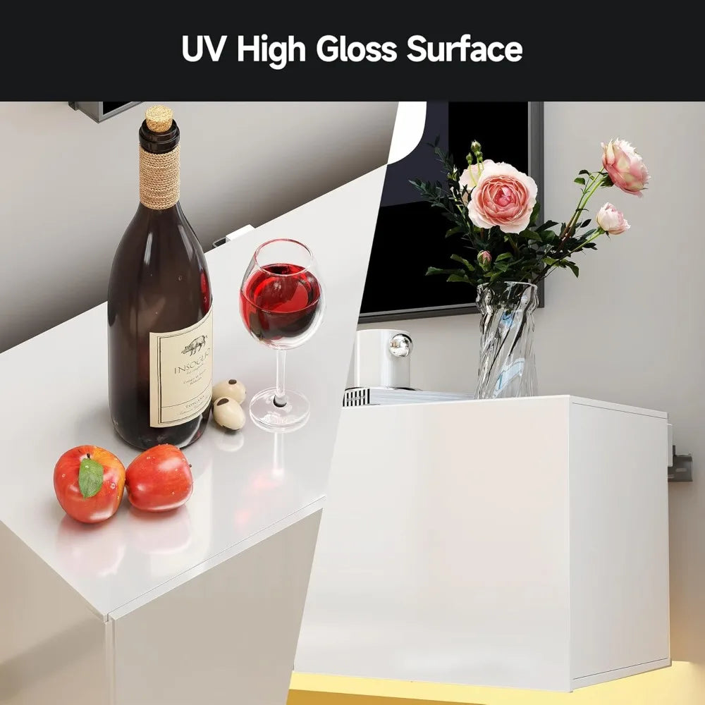 80" Floating TV Stand with 40" Electric Fireplace & LED Lights, Wall Mounted High Gloss Finish Entertainment Center with Storage