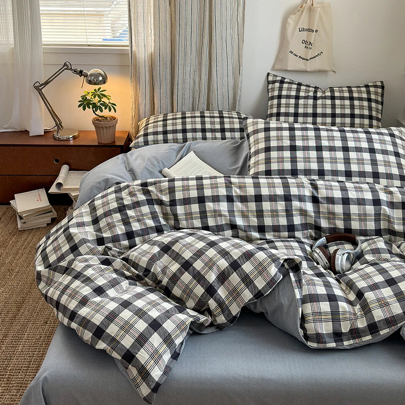 Cotton Plaid Duvet Cover Set – Soft & Breathable Bedding (2 Pillowcases)
