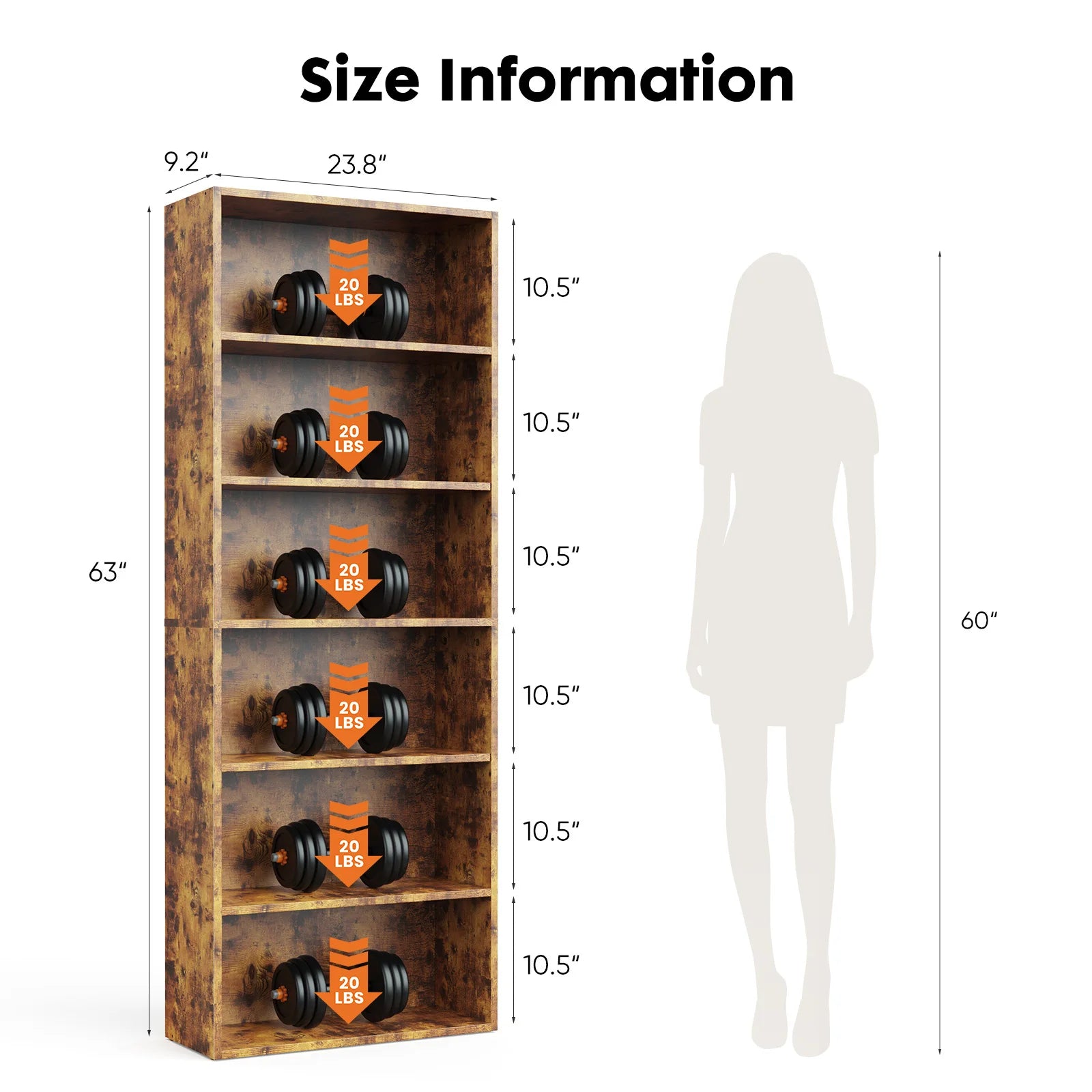 6-Tier Wooden Shelf Bookcase – 63″ Tall Floor-Standing Open Bookshelf