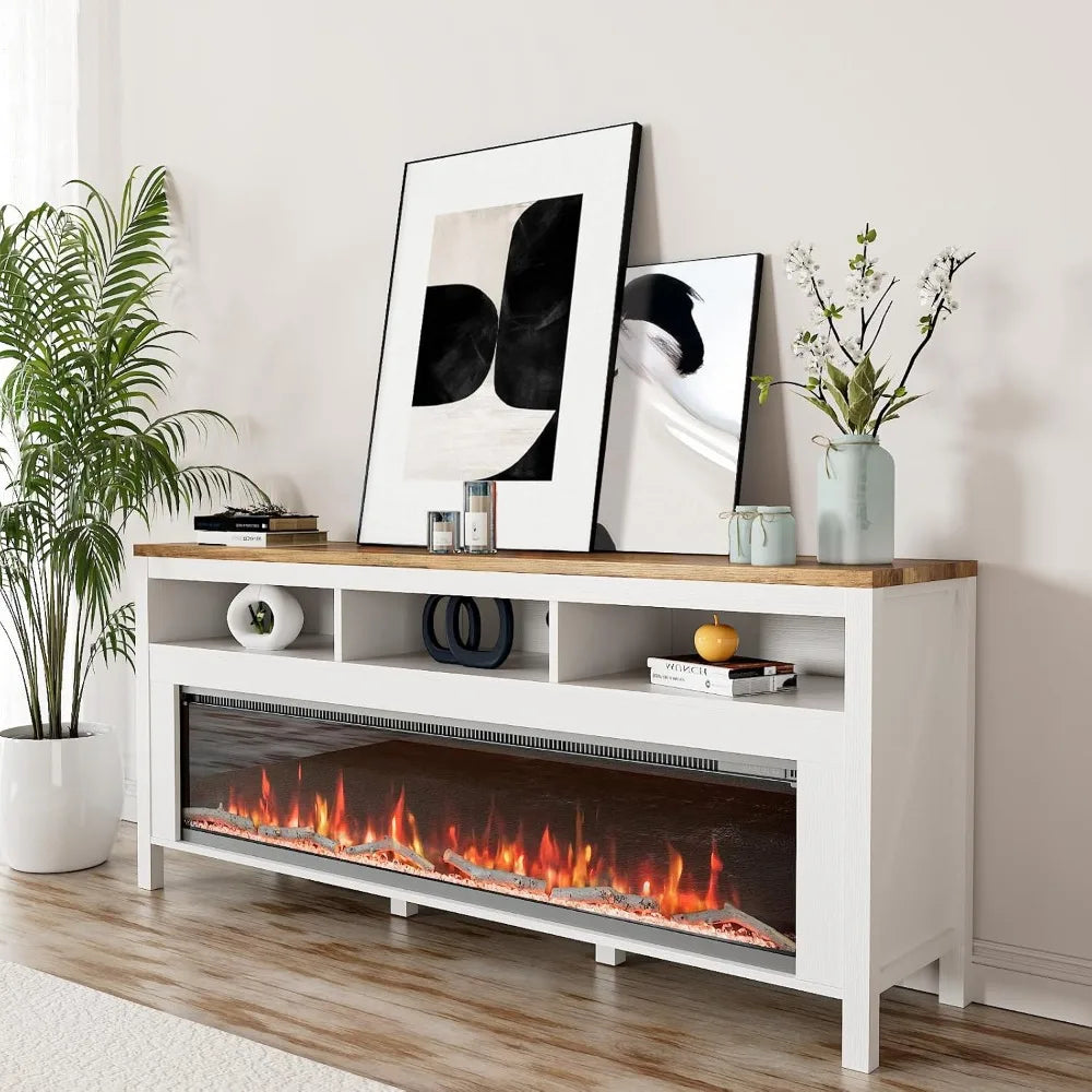 Fireplace TV Stand for TVs Up to 60 Inch,Modern Entertainment Center with 50" Electric Fireplace,White TV Console with Open