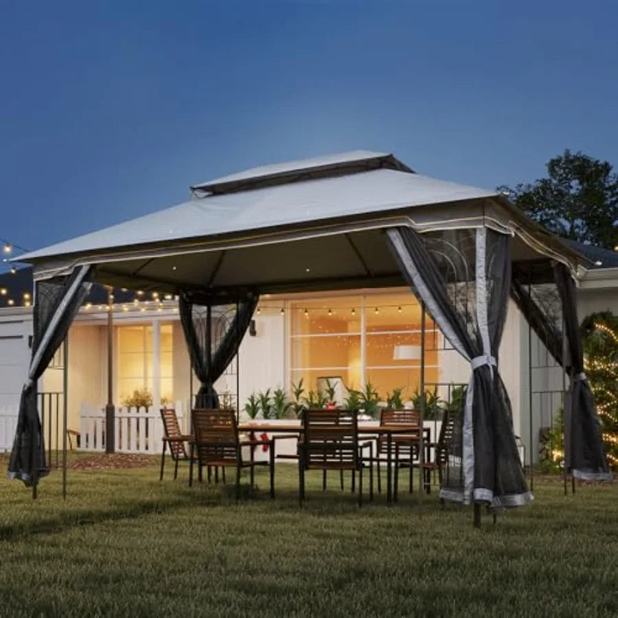 Outdoor Patio Gazebo 10'x13' Heavy Duty Canopy Tent with Metal Corner Frame Shelves Soft Double Roofs Party Tent Shelter with M