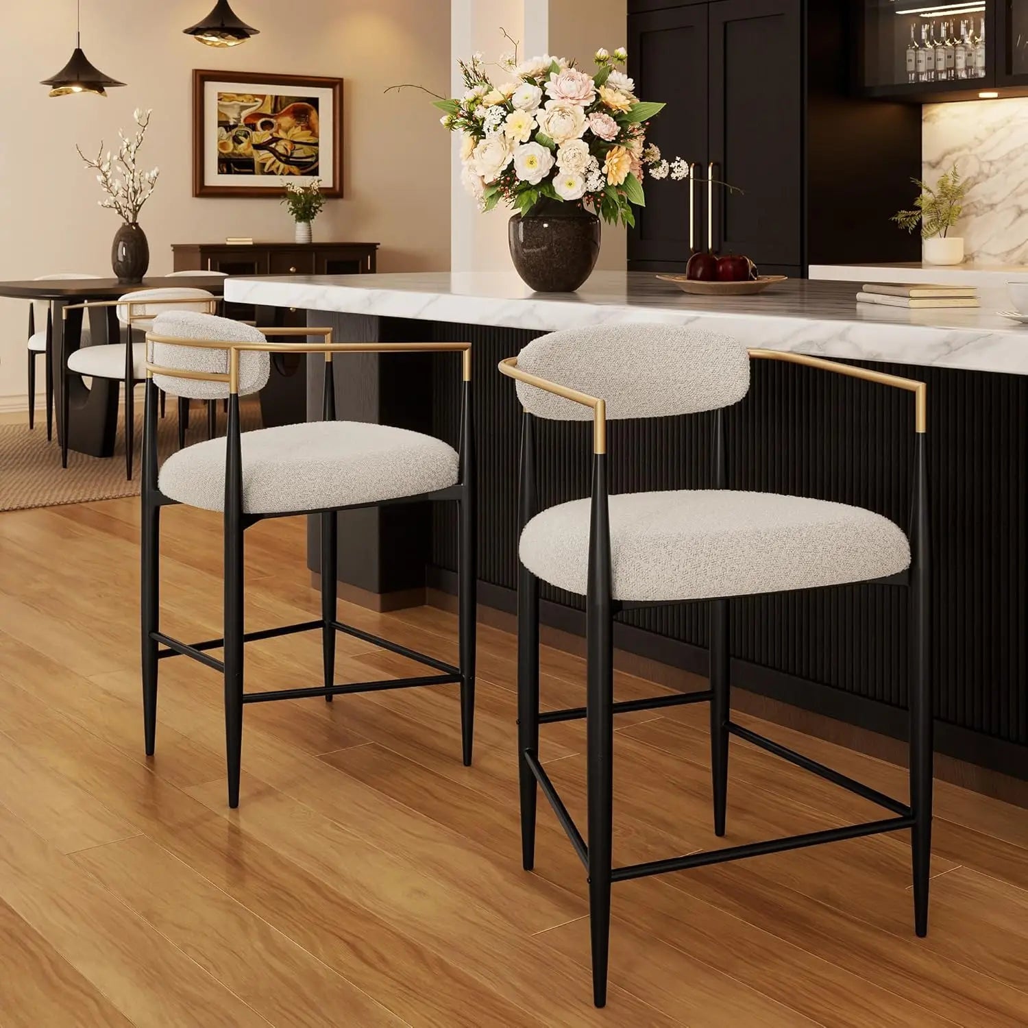 Counter-Height Bar Stools – Modern Upholstered Chairs with Gold Arms (Set of 2)