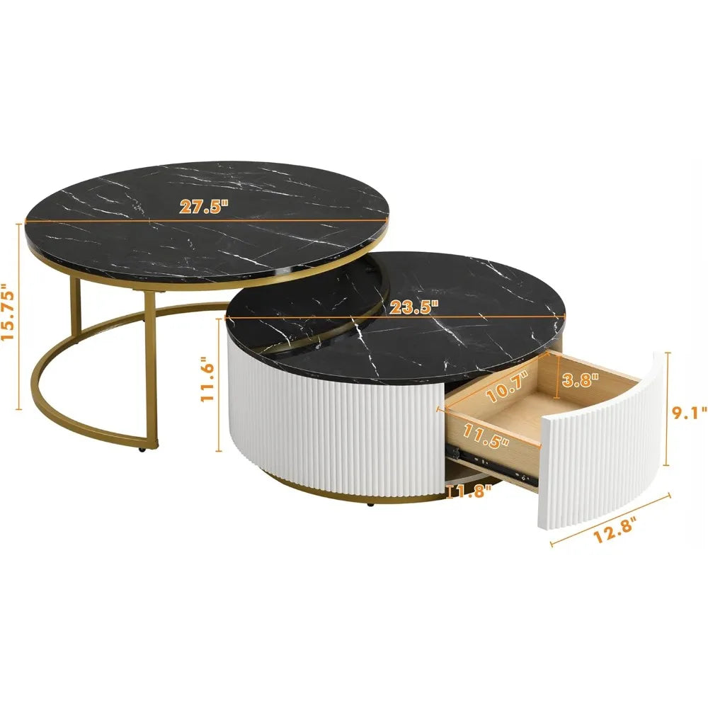 27.6” Black & Gold Nesting Coffee Table Set of 2 – Modern Round Tables with Storage Drawer