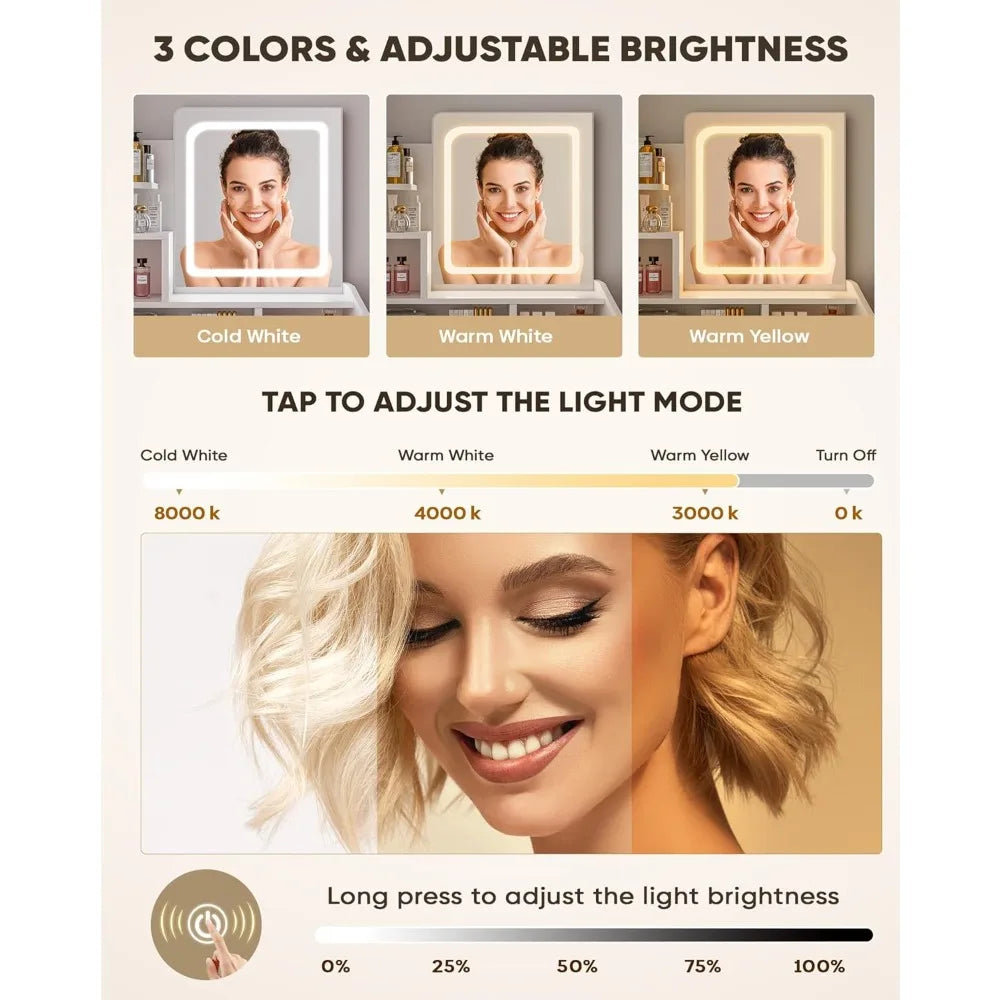 Vanity Desk with LED Mirror, Small Makeup Vanity with Open Shelves, Dressing Table for Bedroom, White