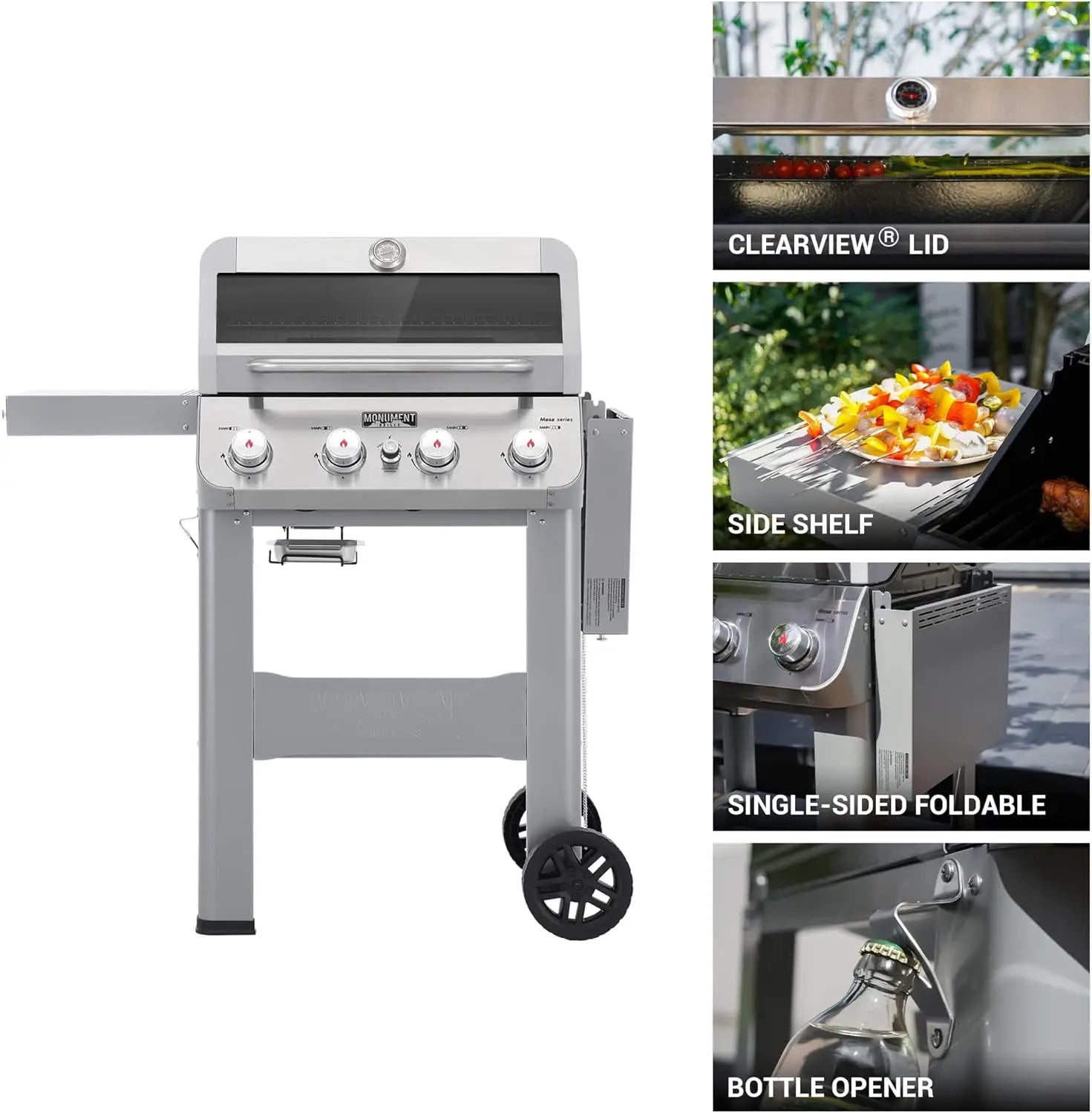 4-Burner Liquid Propane Gas Grill, Silver Stainless Steel Grill Outdoor Patio Garden Barbecue Grill with  Lid and One Foldable S