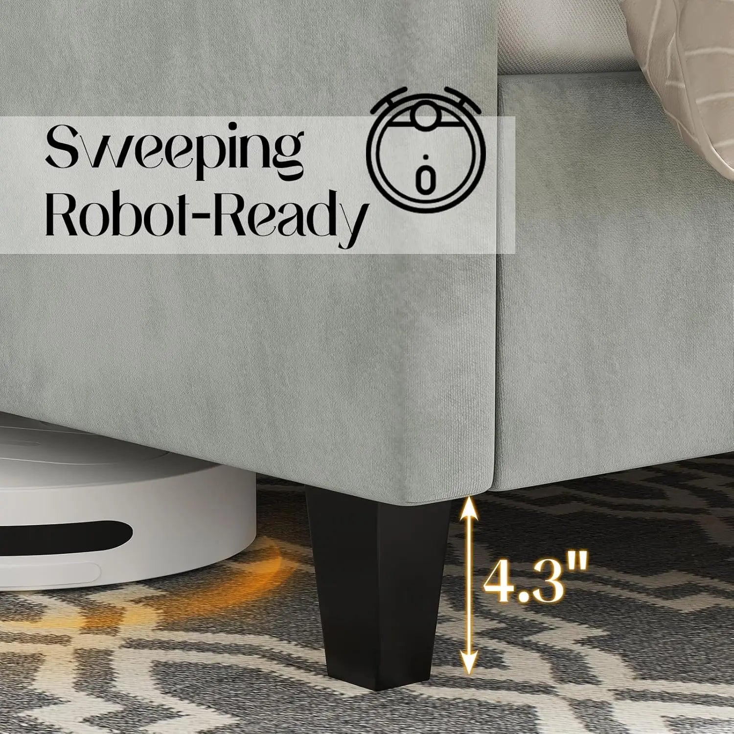 Queen Size Velvet Upholstered Platform Bed – Wingback Nailhead Headboard (Light Grey)